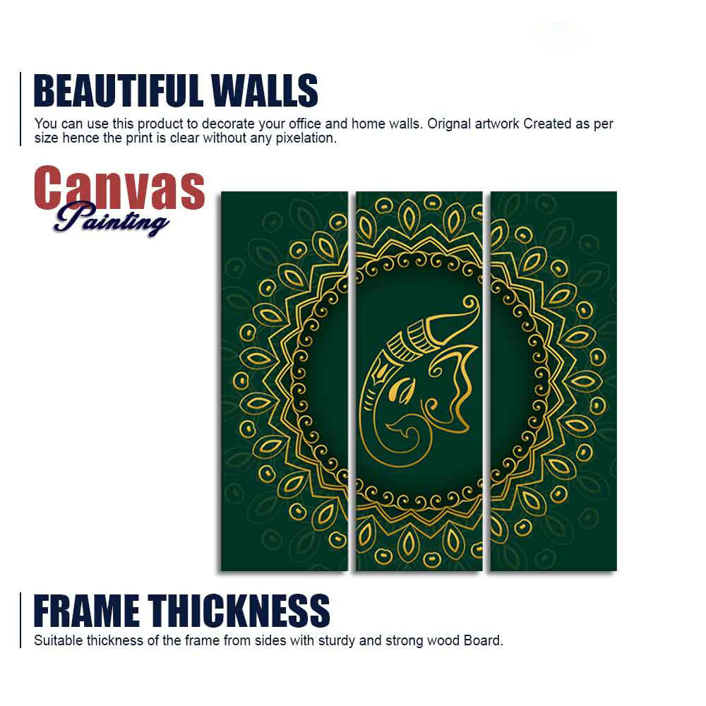 Auspicious Lord Ganesha Head Canvas Wall Painting of Three Pieces - Image 6