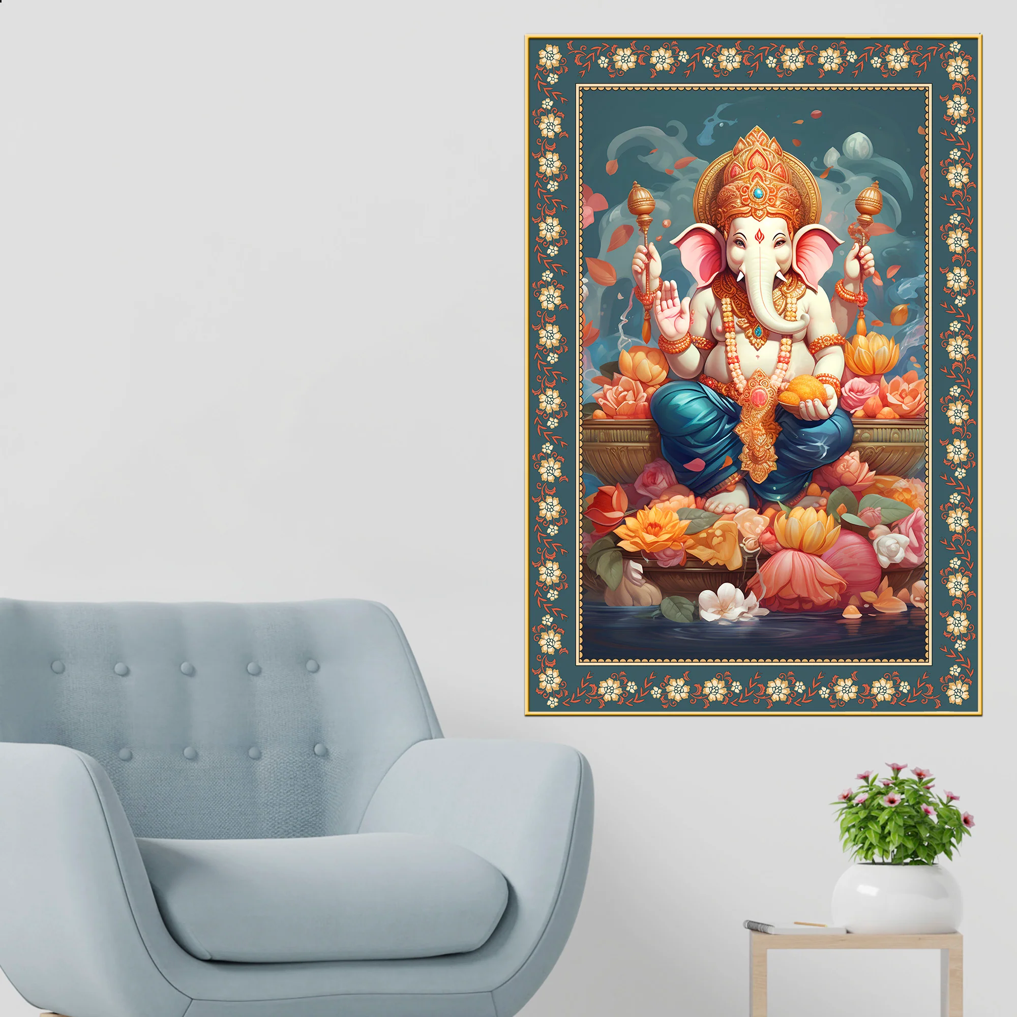 Auspicious Lord Ganpati Floral Border Vertical Wall Painting - Image 2