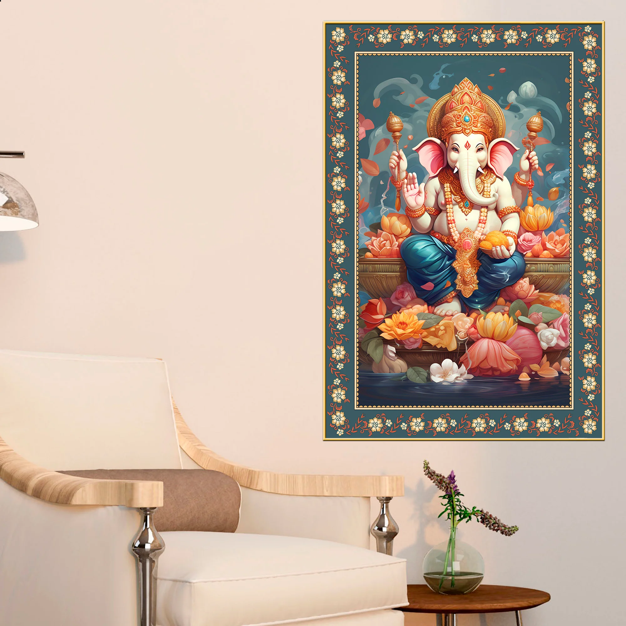 Auspicious Lord Ganpati Floral Border Vertical Wall Painting - Image 3