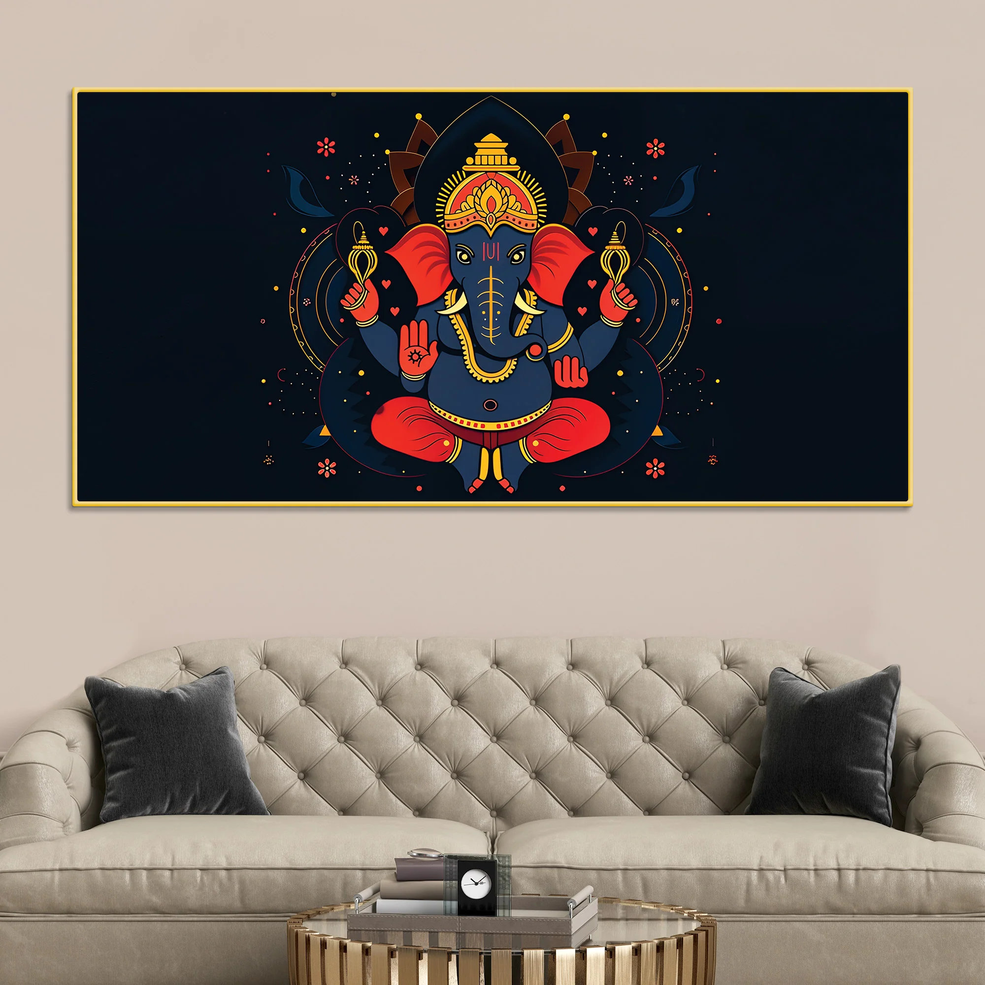 Auspicious Lord Shri Ganesh Sitted in the Dark Canvas Wall Painting – Contemporary Spiritual Wall Decor