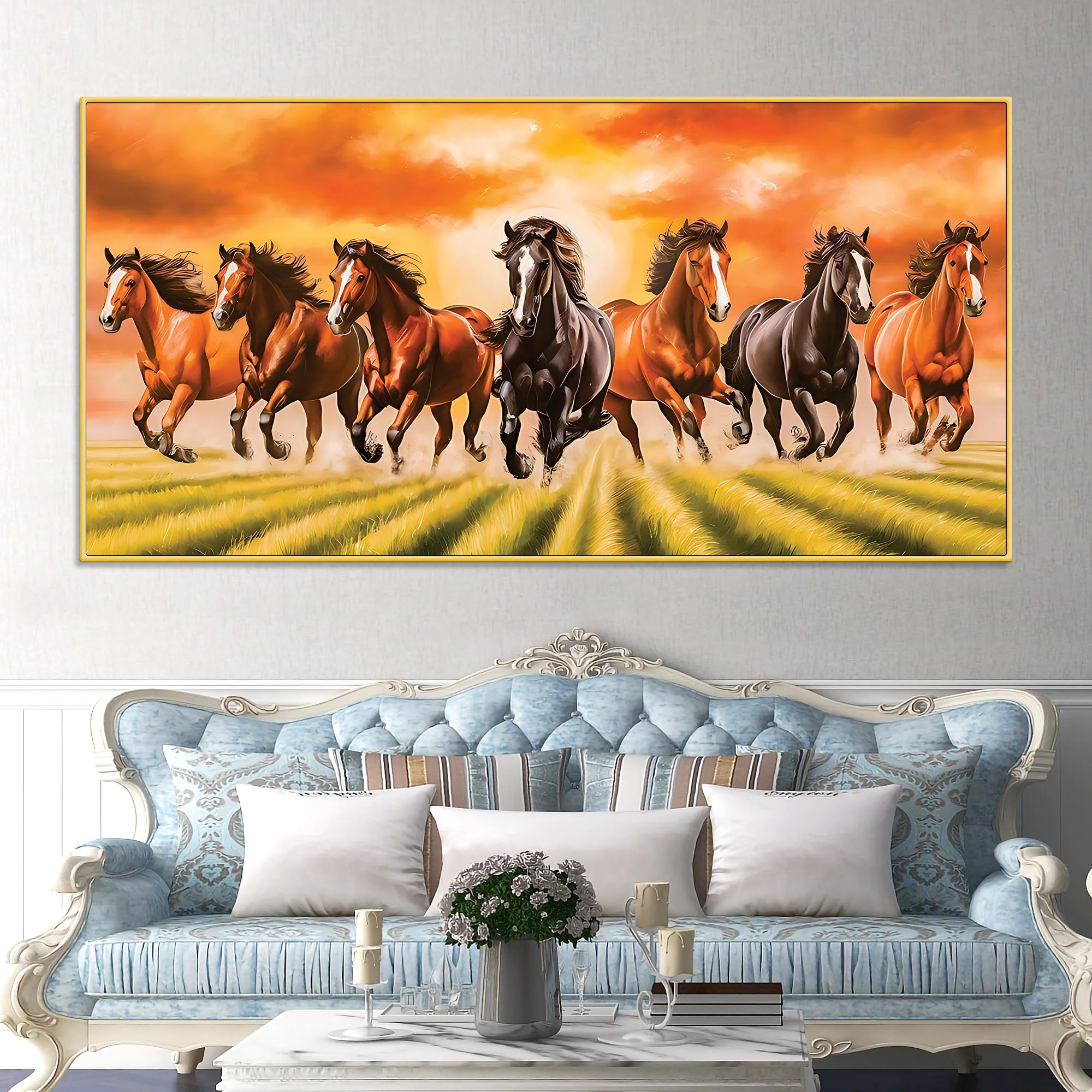 Auspicious Seven Running Horses in Field Canvas wall Painting - Image 2