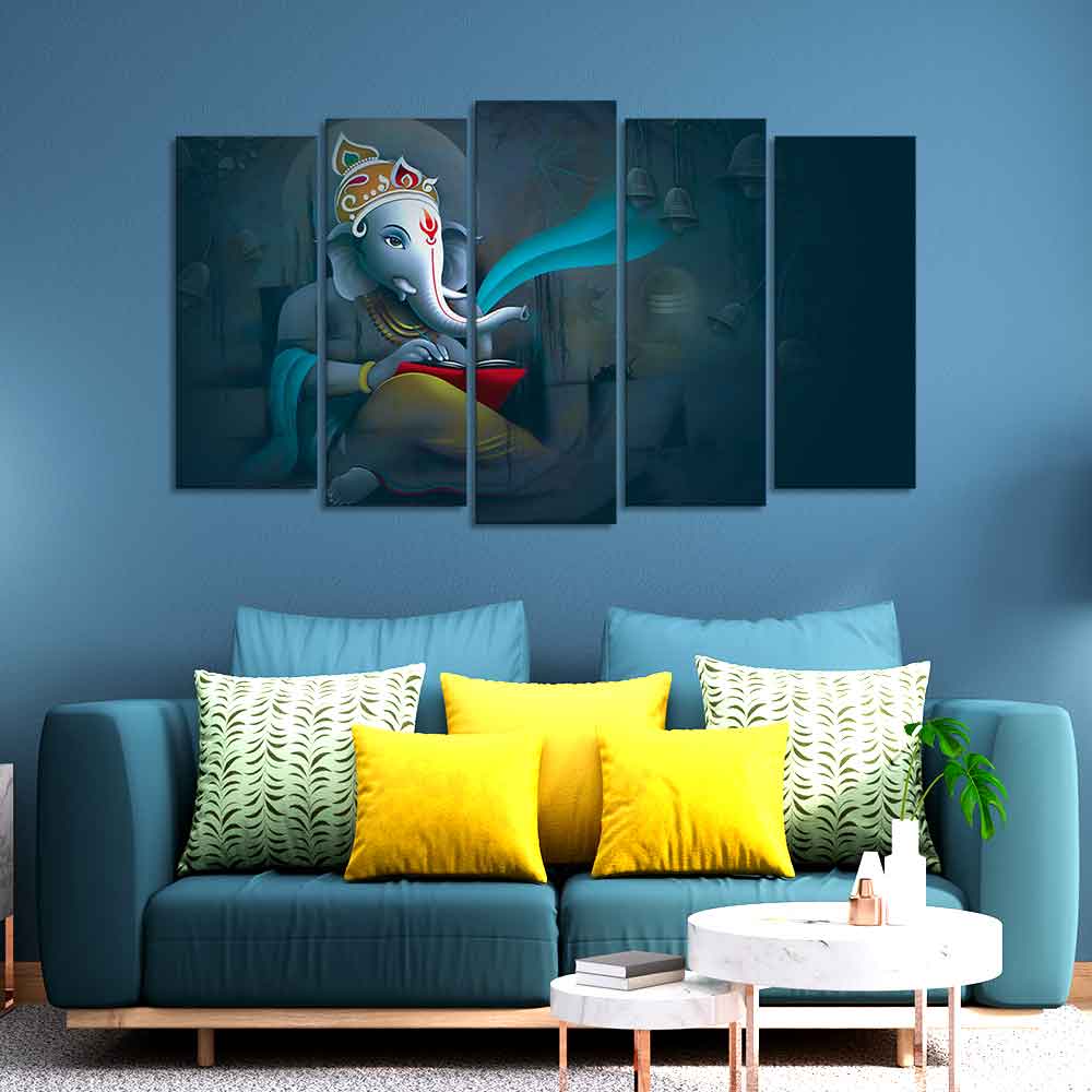 Auspicious Shri Ganpati Ganesha Canvas Wall Painting of Five Pieces - Image 2