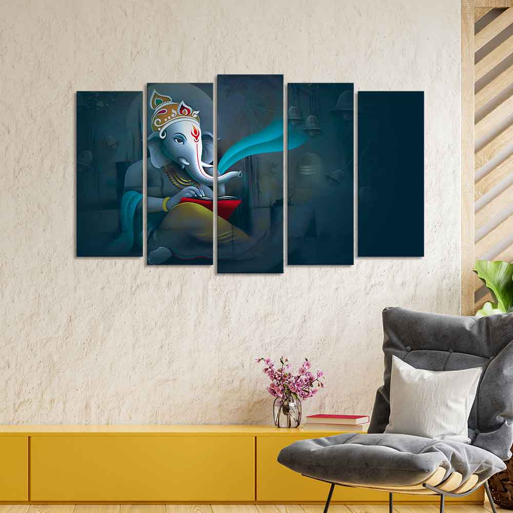 Auspicious Shri Ganpati Ganesha Canvas Wall Painting of Five Pieces - Image 3