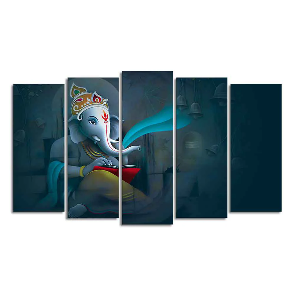 Auspicious Shri Ganpati Ganesha Canvas Wall Painting of Five Pieces - Image 4