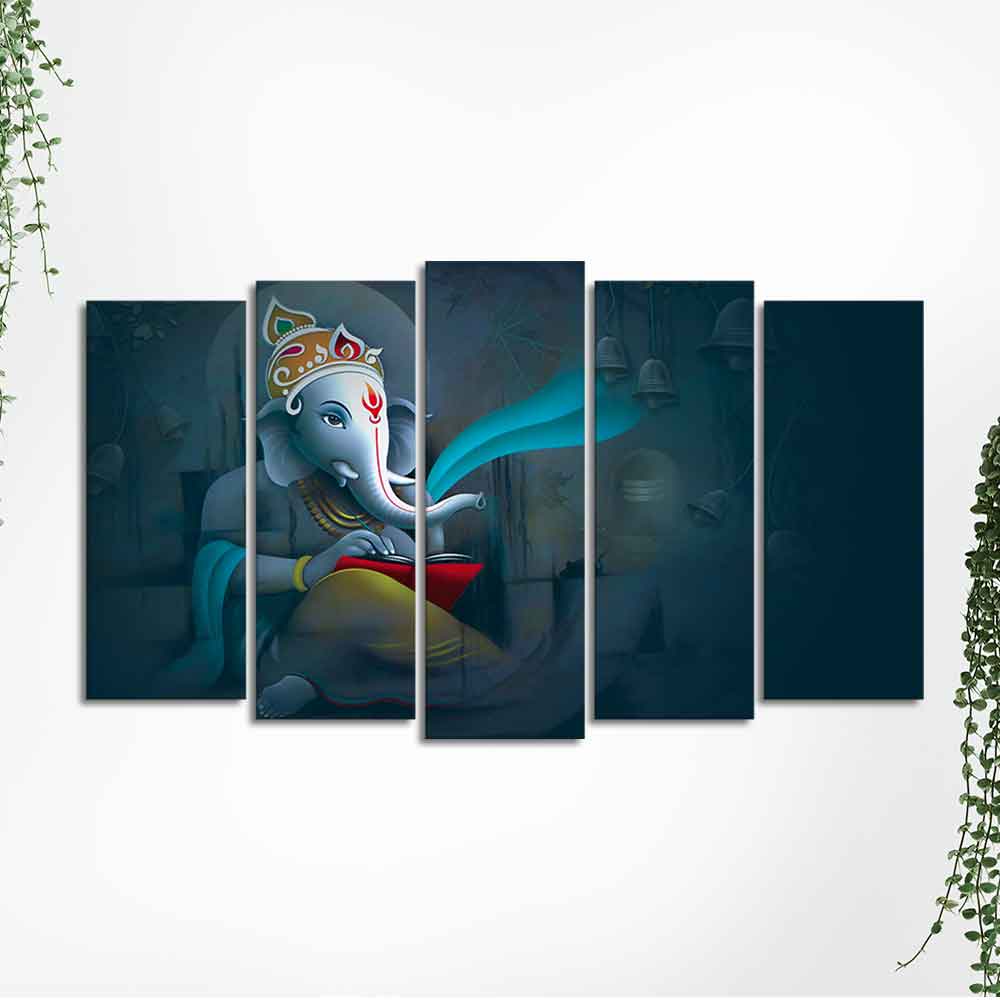 Auspicious Shri Ganpati Ganesha Canvas Wall Painting of Five Pieces - Image 5