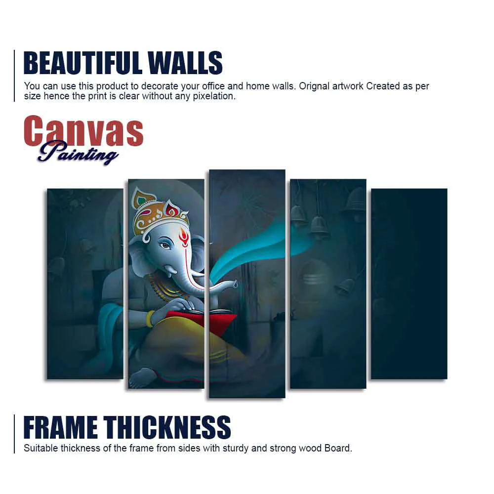 Auspicious Shri Ganpati Ganesha Canvas Wall Painting of Five Pieces - Image 6