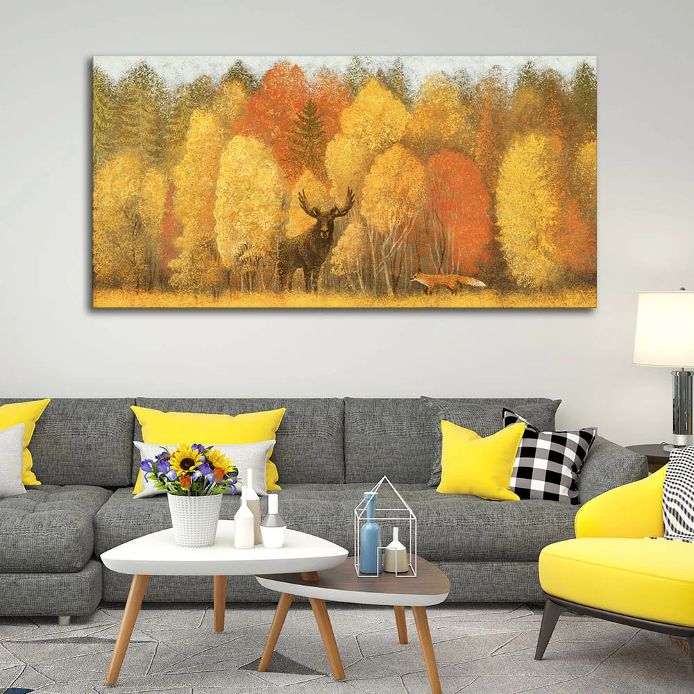 Autumn Foliage with Moose and Fox Premium Canvas Wall Painting - Image 2