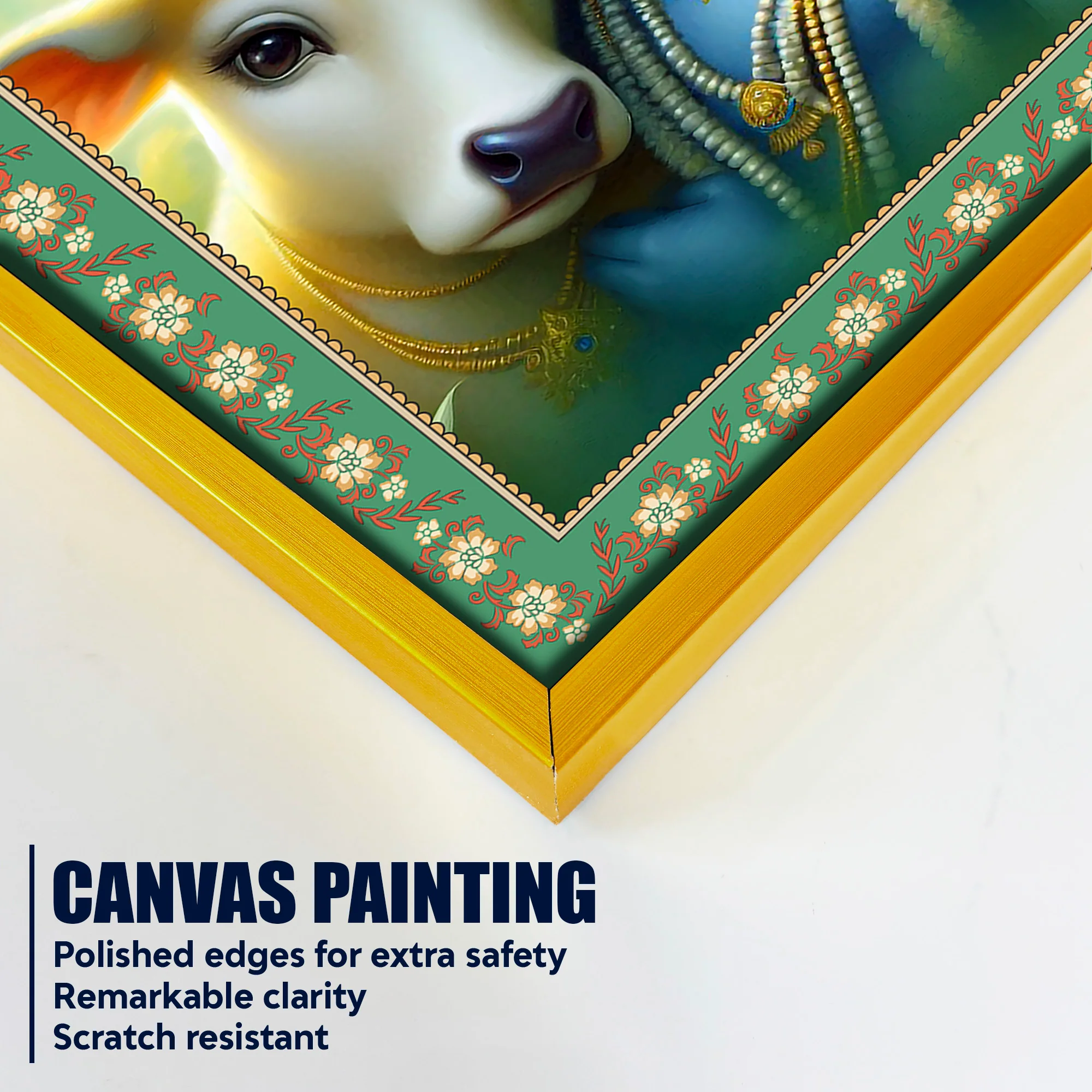 Bal Krishna with Cow Floral Border Vertical Wall Painting - Image 5