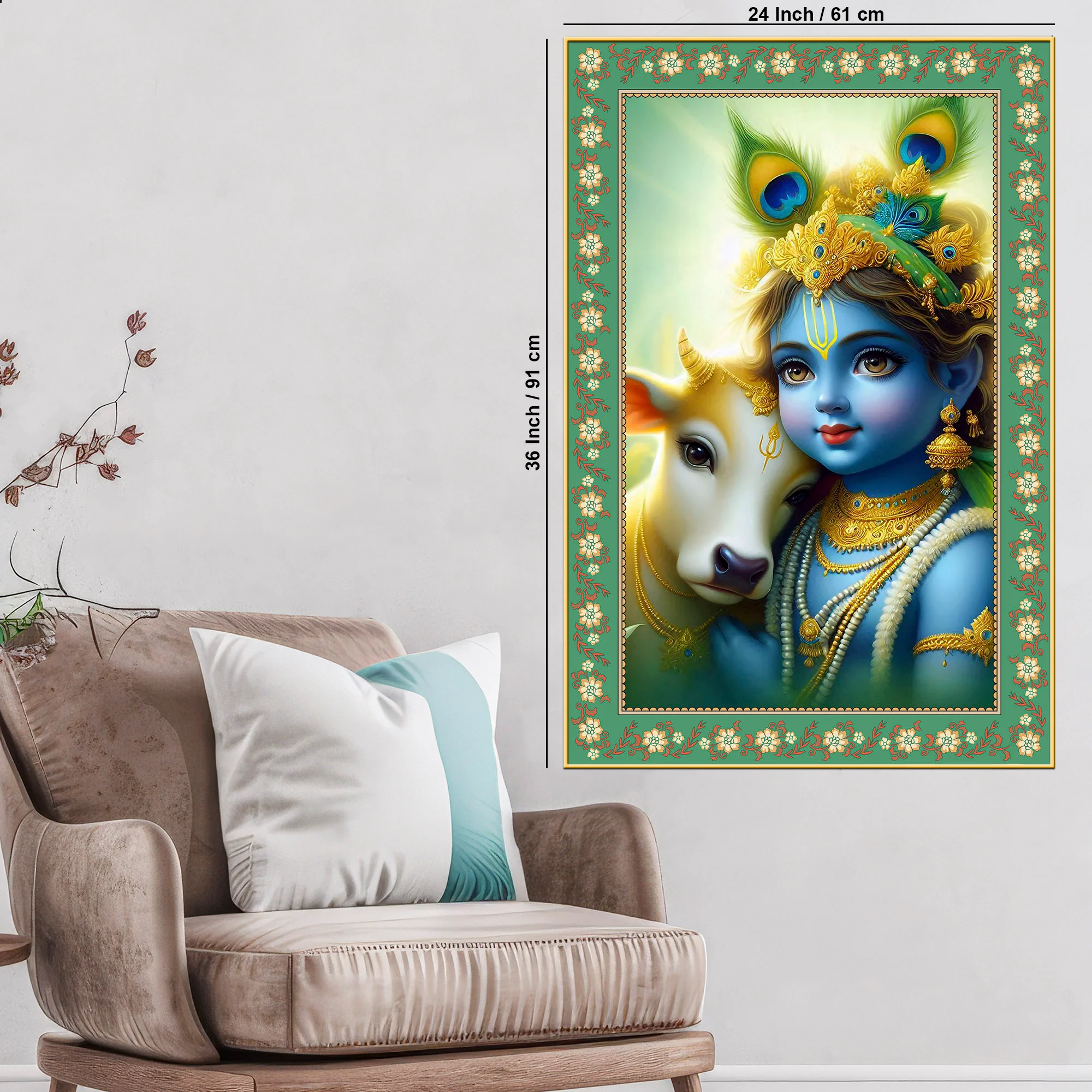 Bal Krishna with Cow Floral Border Vertical Wall Painting - Image 6