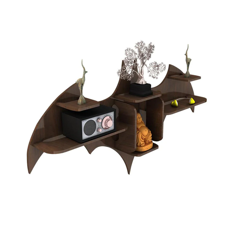 Bat Shape Backlit Designer Wooden Wall Shelf Book Shelf Night Light, Walnut Finish - Image 3