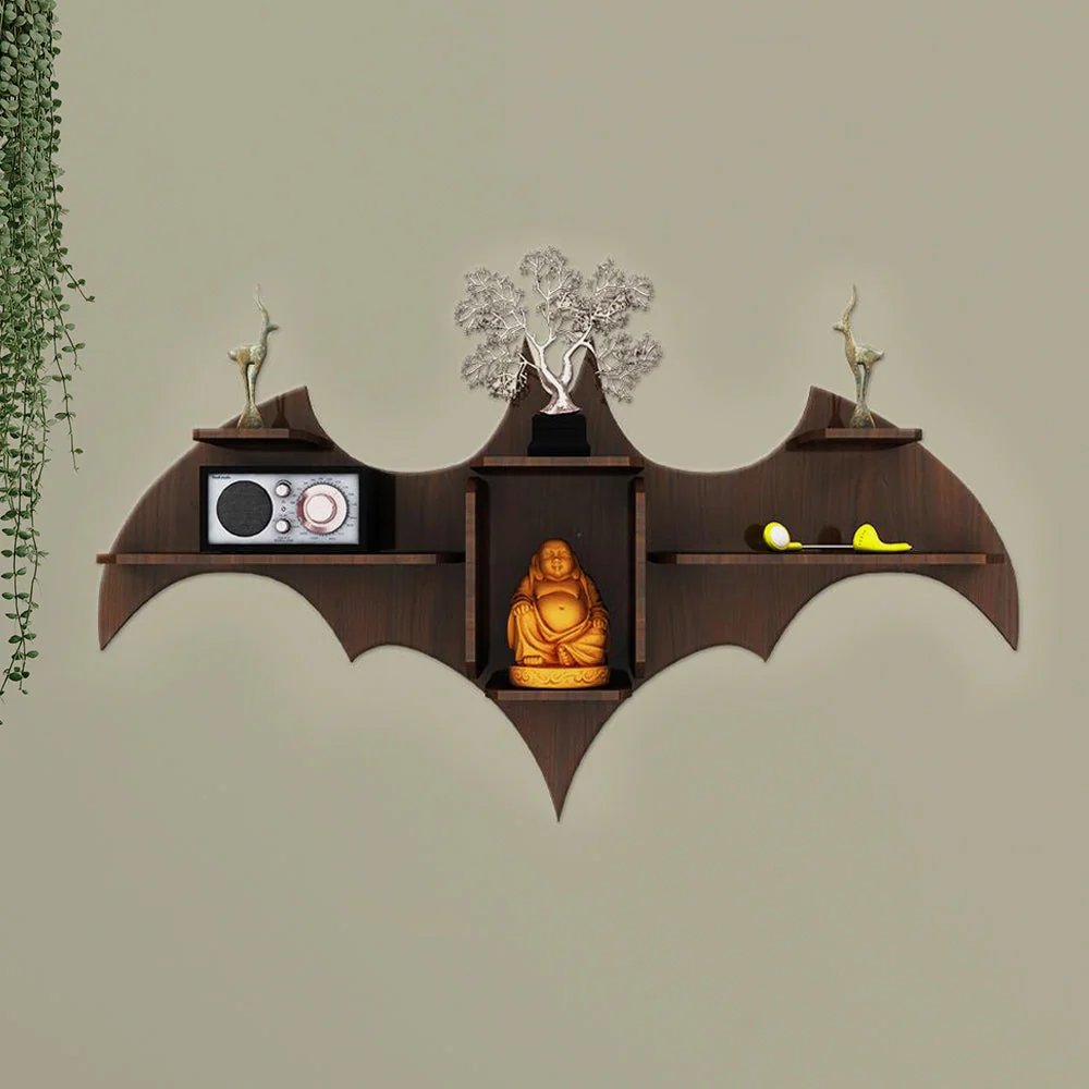 Bat Shape Backlit Designer Wooden Wall Shelf Book Shelf Night Light, Walnut Finish - Image 4