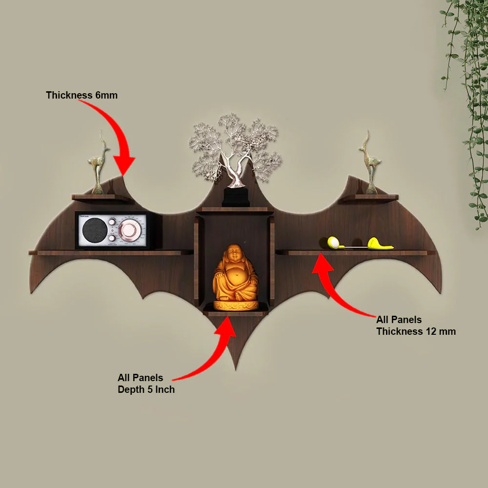 Bat Shape Backlit Designer Wooden Wall Shelf Book Shelf Night Light, Walnut Finish - Image 5