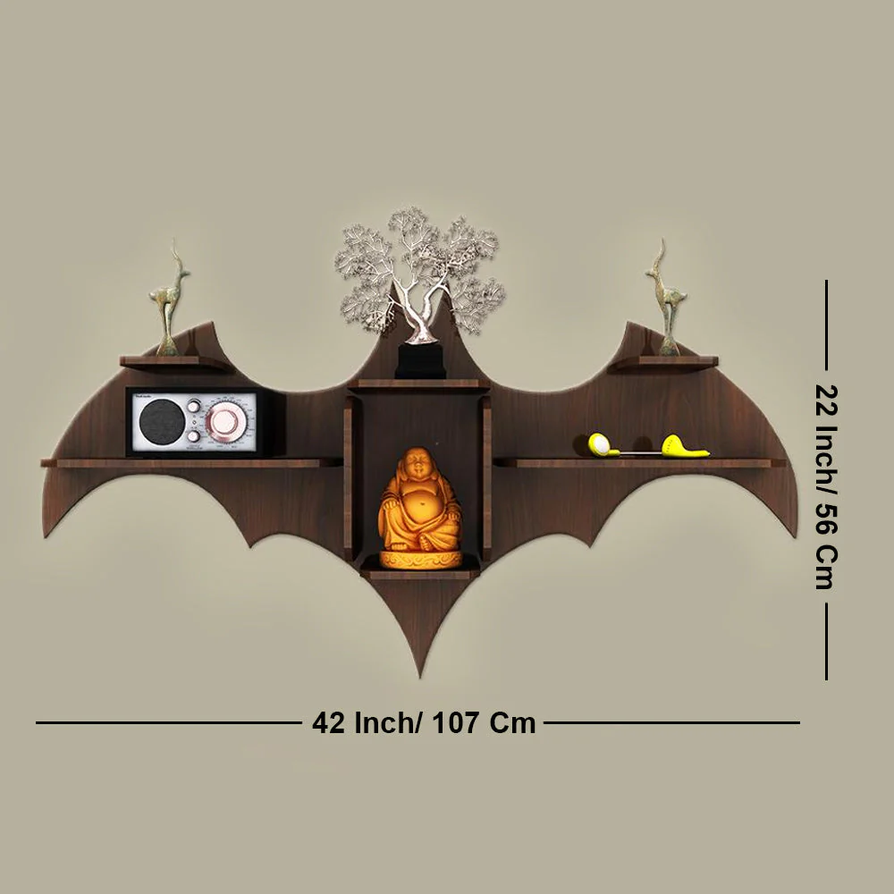 Bat Shape Backlit Designer Wooden Wall Shelf Book Shelf Night Light, Walnut Finish - Image 6