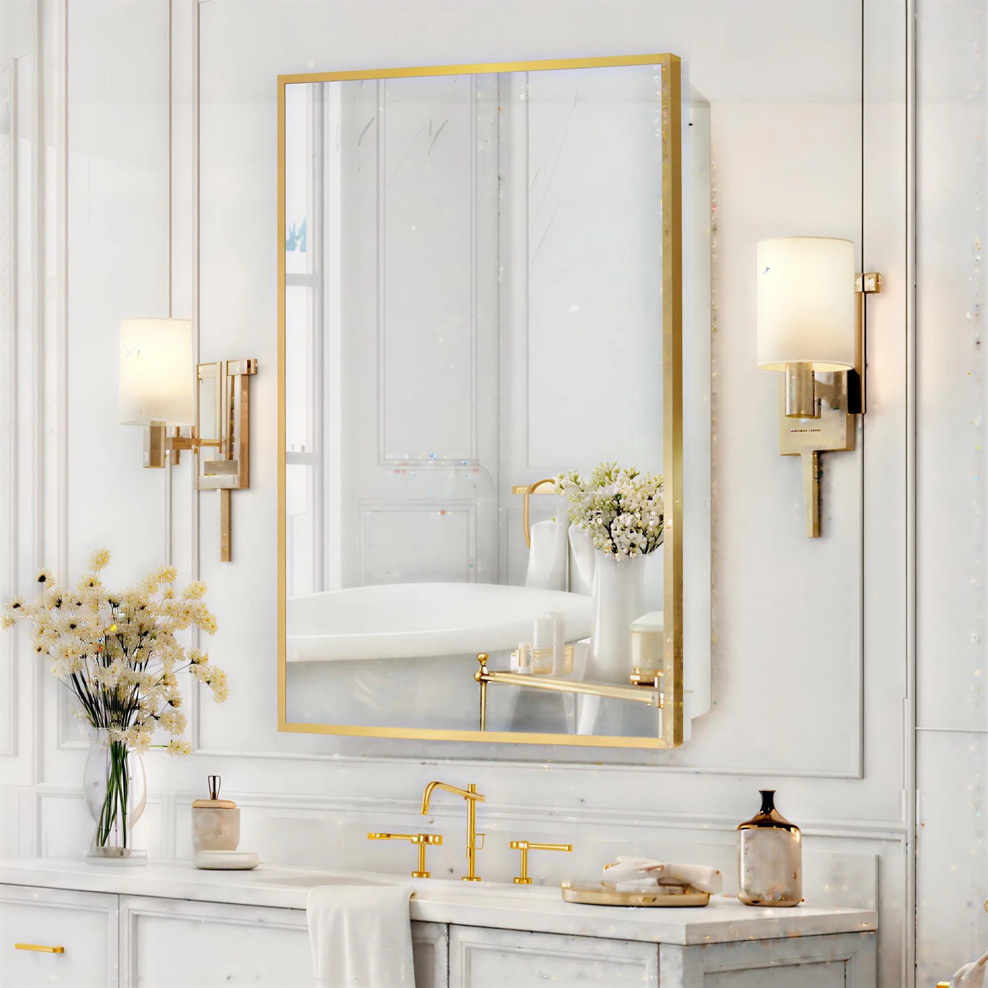 Bathroom Mirror with Gold Wooden Frame and Internal Shelves - Image 3