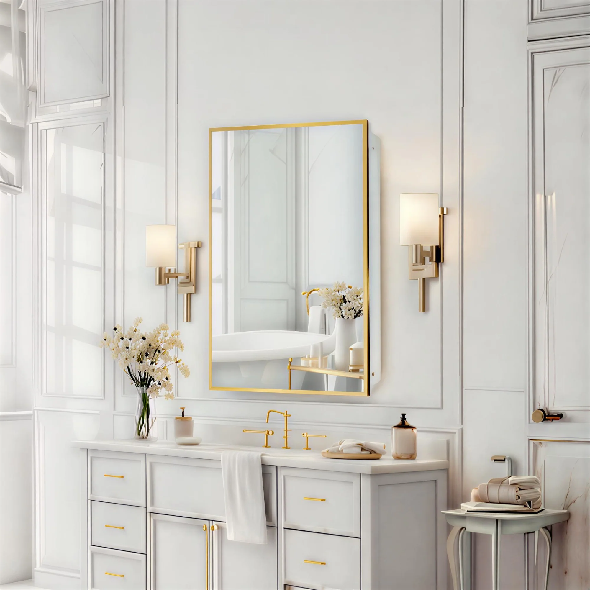 Bathroom Mirror with Gold Wooden Frame and Internal Shelves - Image 4