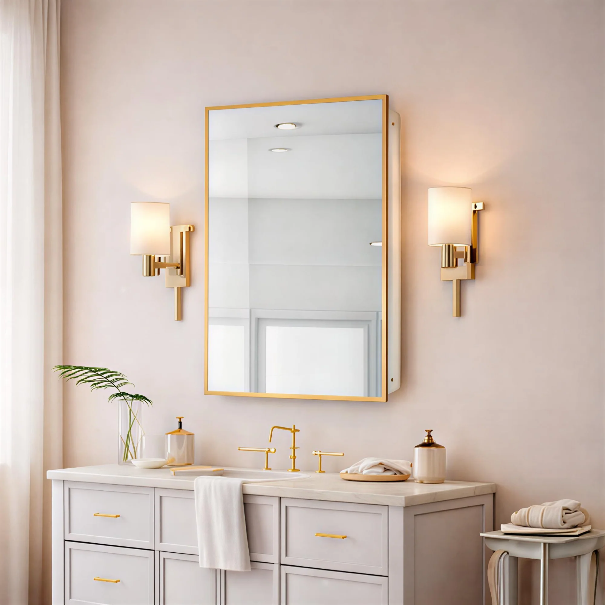 Bathroom Mirror with Gold Wooden Frame and Internal Shelves - Image 5