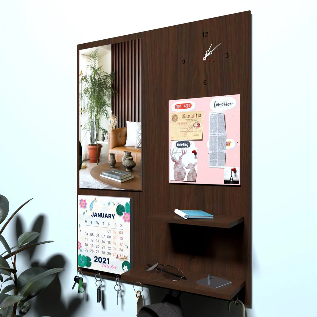 Beautiful "7 In One" Wooden Wall Organiser with Mirror, Key Holder, Coat Hangers, Pin Board, Clock, Calendar - Image 3