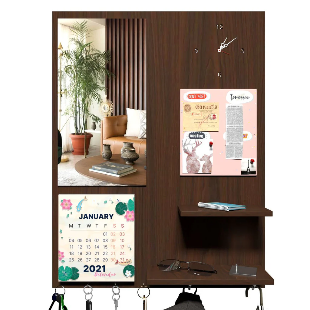 Beautiful "7 In One" Wooden Wall Organiser with Mirror, Key Holder, Coat Hangers, Pin Board, Clock, Calendar - Image 4