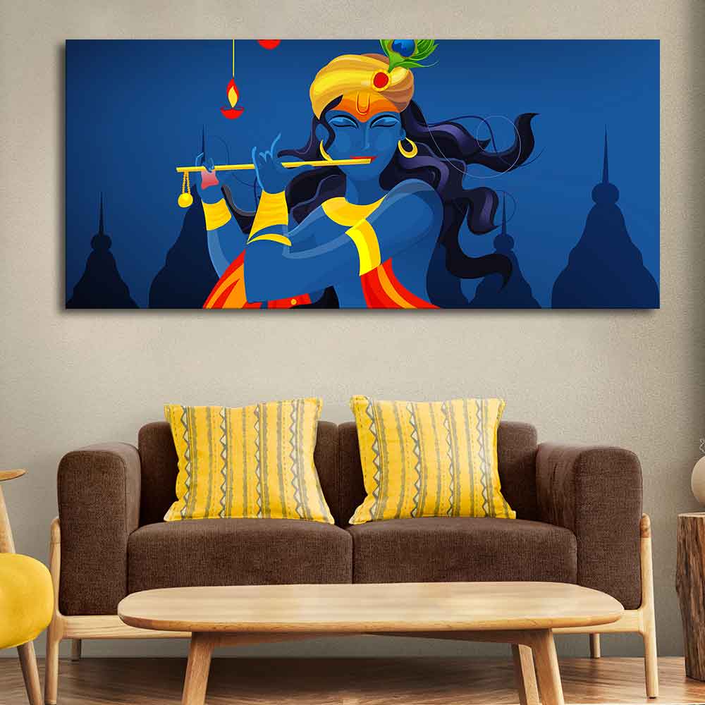 Beautiful Abstract Art of Lord Krishna Flute Large Canvas Wall Painting - Image 3