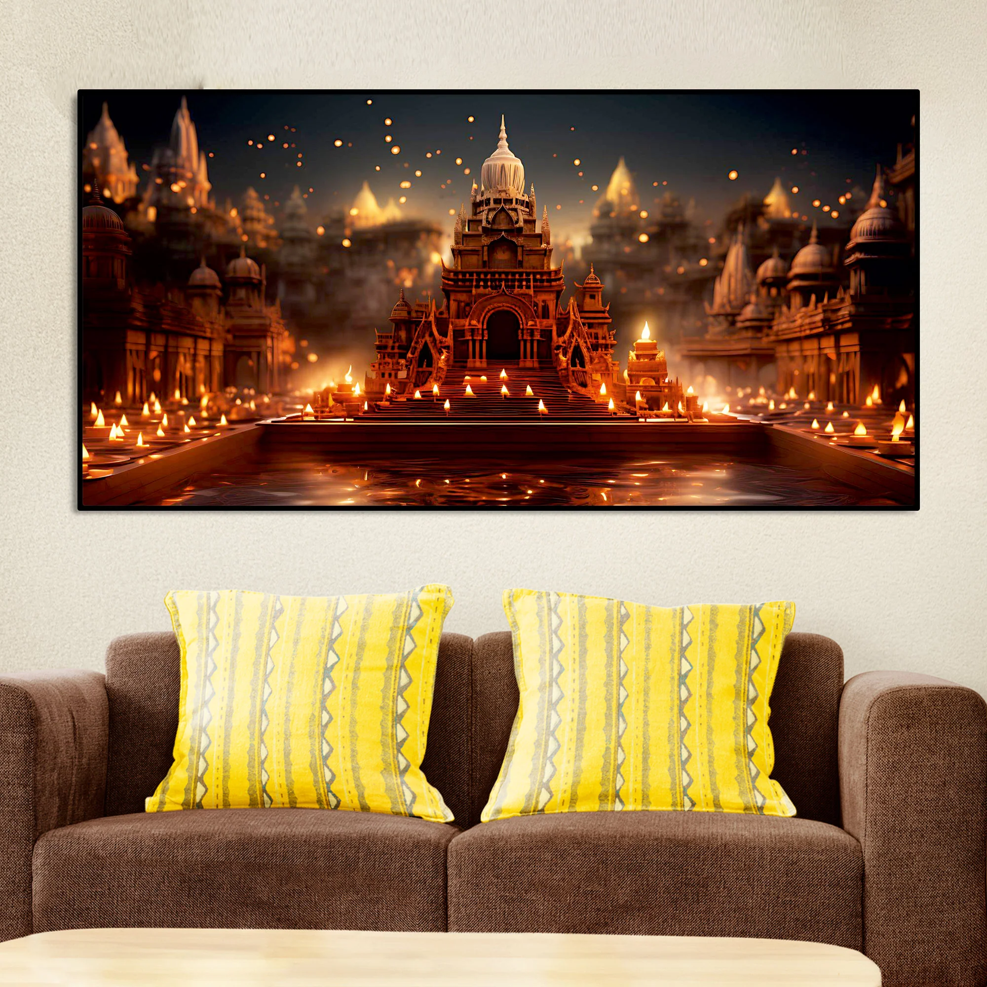 Beautiful  Adorned Diwali View of a Temple Canvas Wall Painting - Image 2