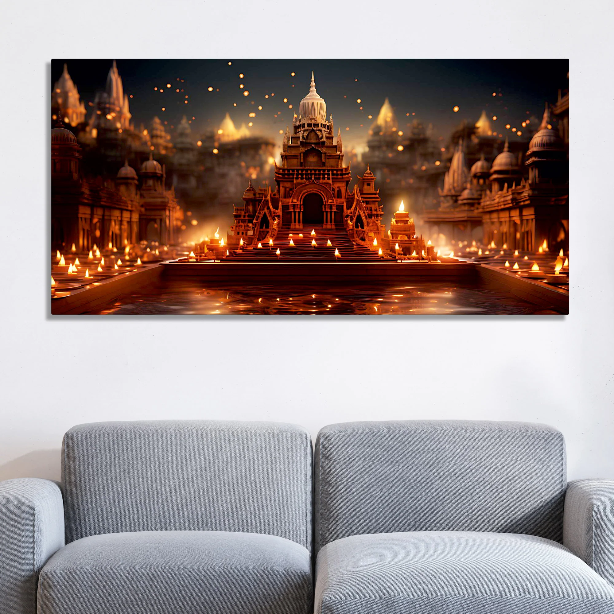 Beautiful  Adorned Diwali View of a Temple Canvas Wall Painting - Image 3