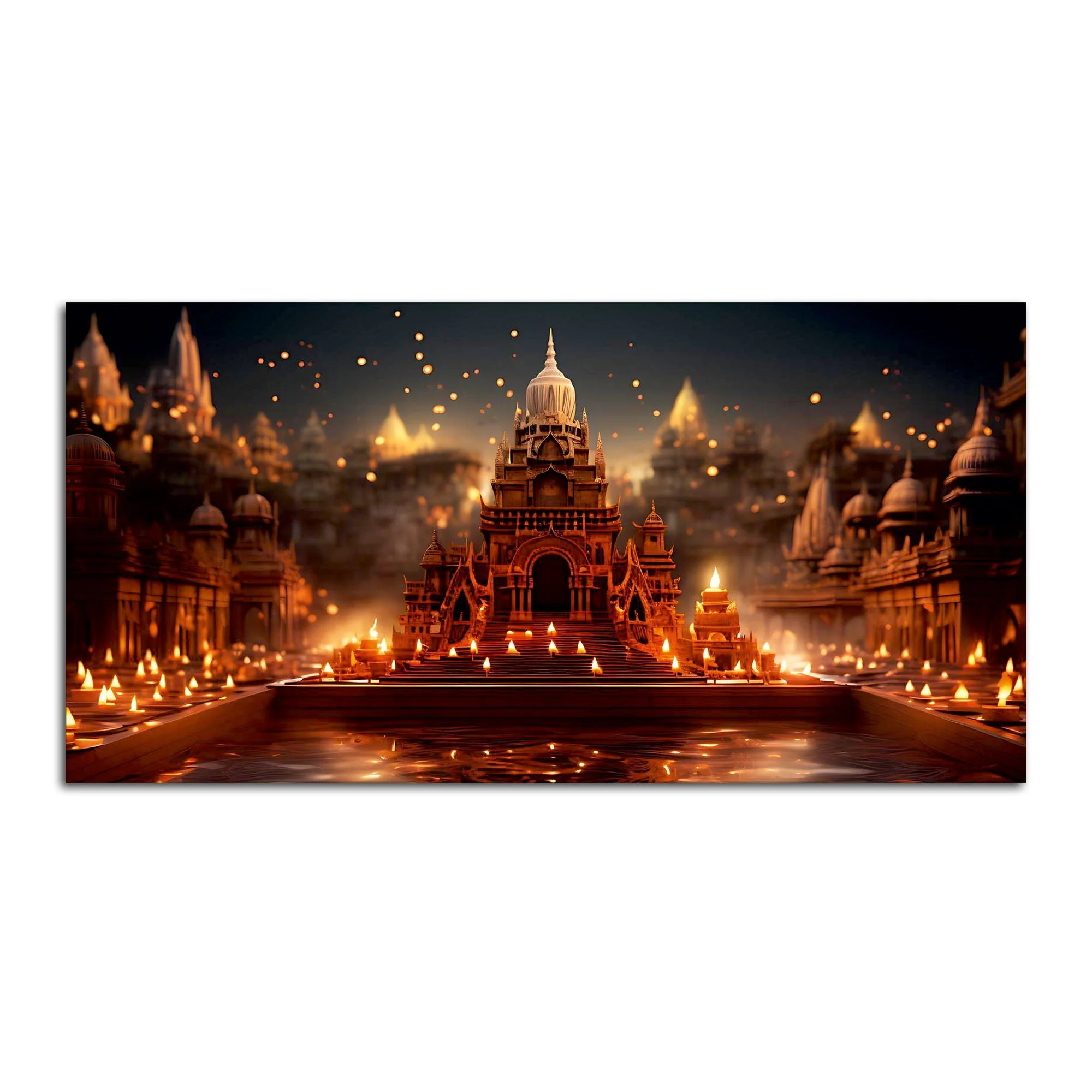 Beautiful  Adorned Diwali View of a Temple Canvas Wall Painting - Image 4
