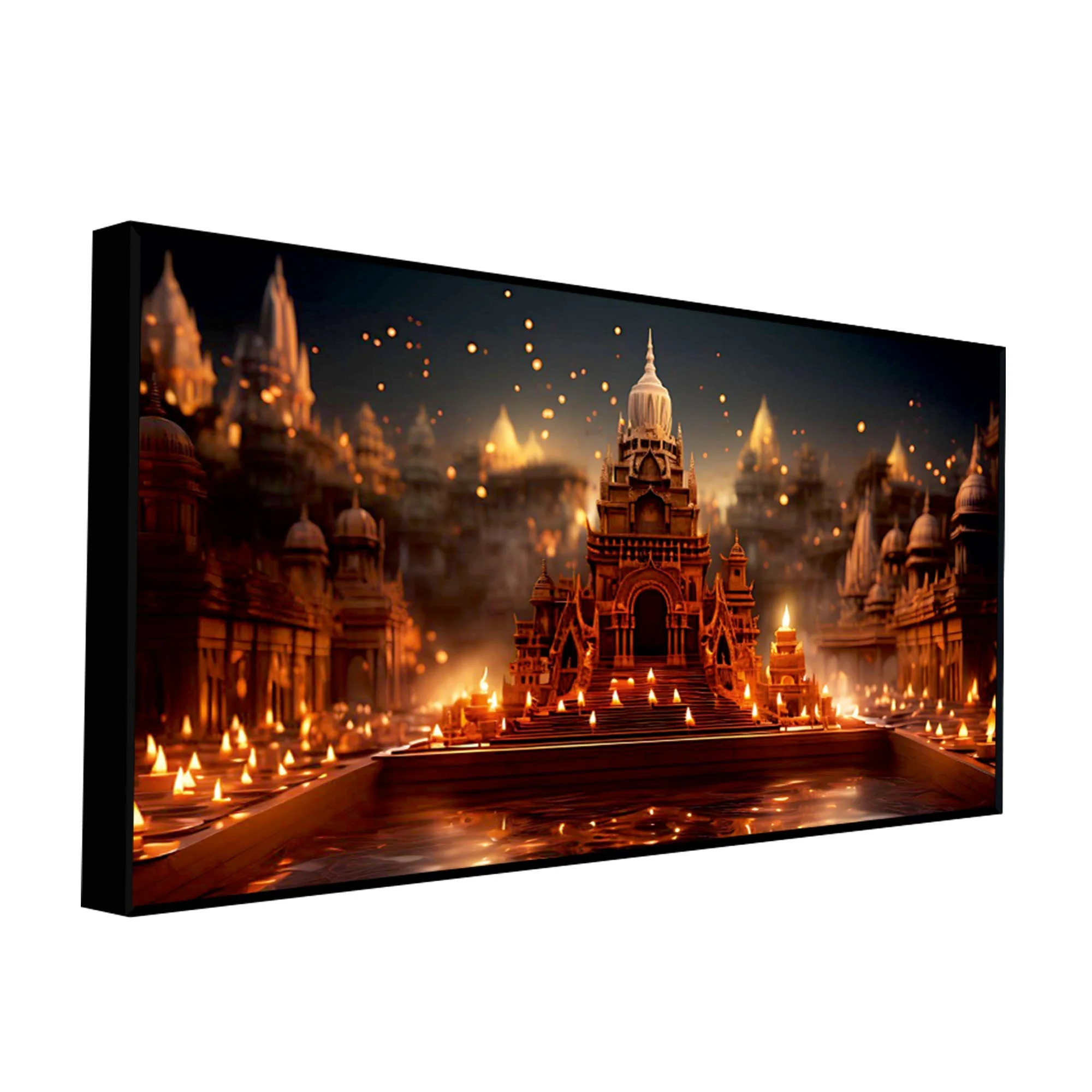 Beautiful  Adorned Diwali View of a Temple Canvas Wall Painting - Image 5