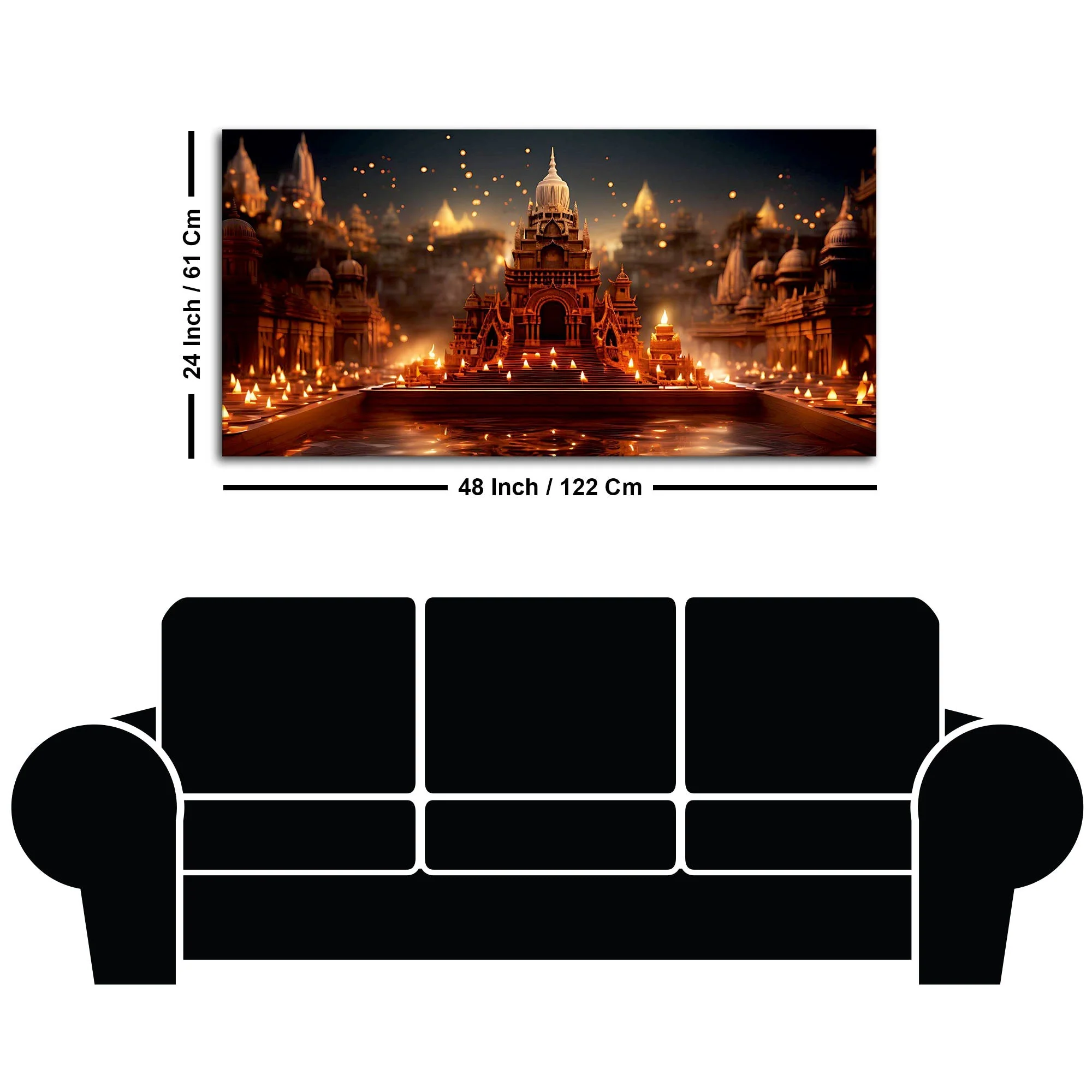 Beautiful  Adorned Diwali View of a Temple Canvas Wall Painting - Image 7