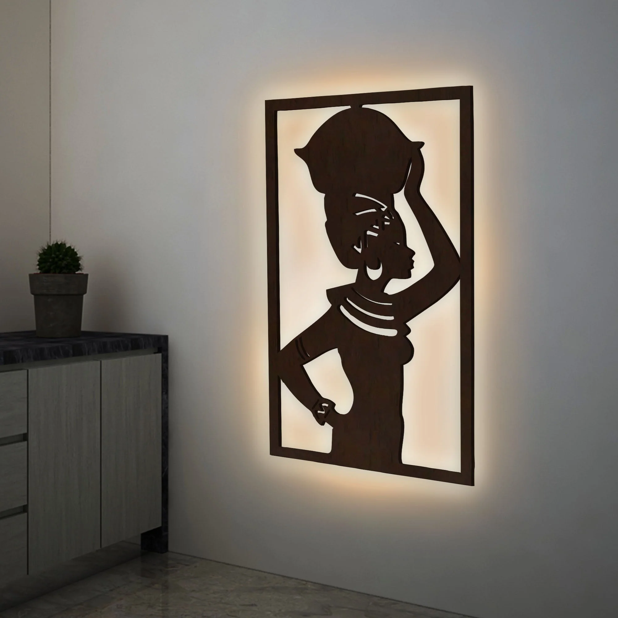 Beautiful African Women Backlit Wooden Wall Hanging with LED Night Light Walnut Finish - Image 2