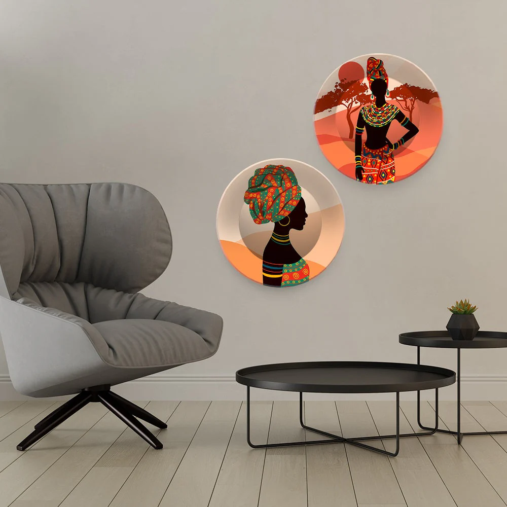 Beautiful Art of African Women Wall Hanging Plates of Two Pieces - Image 2