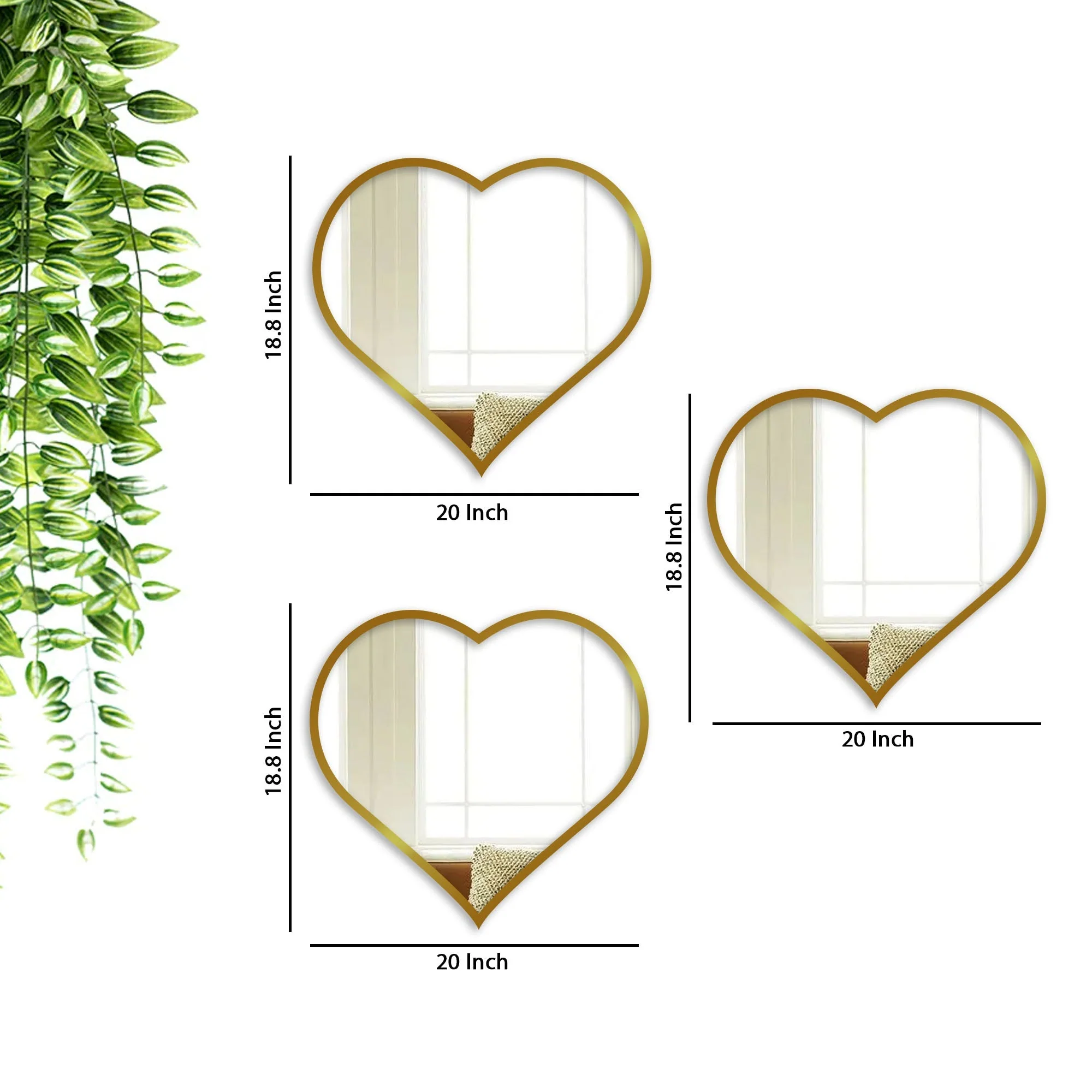 Beautiful Atractive Heart Shape Mirror with Golden Finish Frame Set of 3 - Image 3