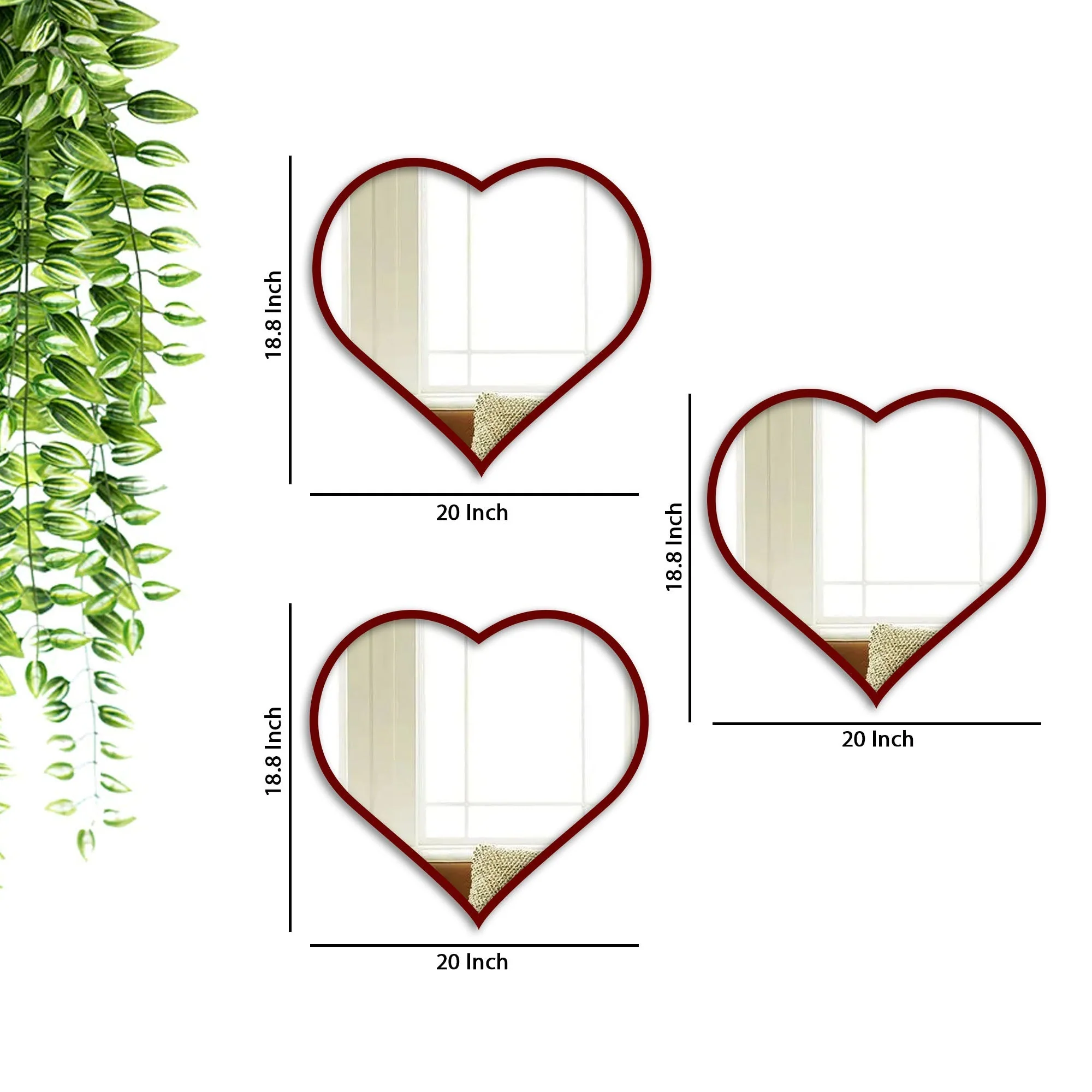 Beautiful Atractive Heart Shape Mirror with Red Finish Frame Set of 3 - Image 3