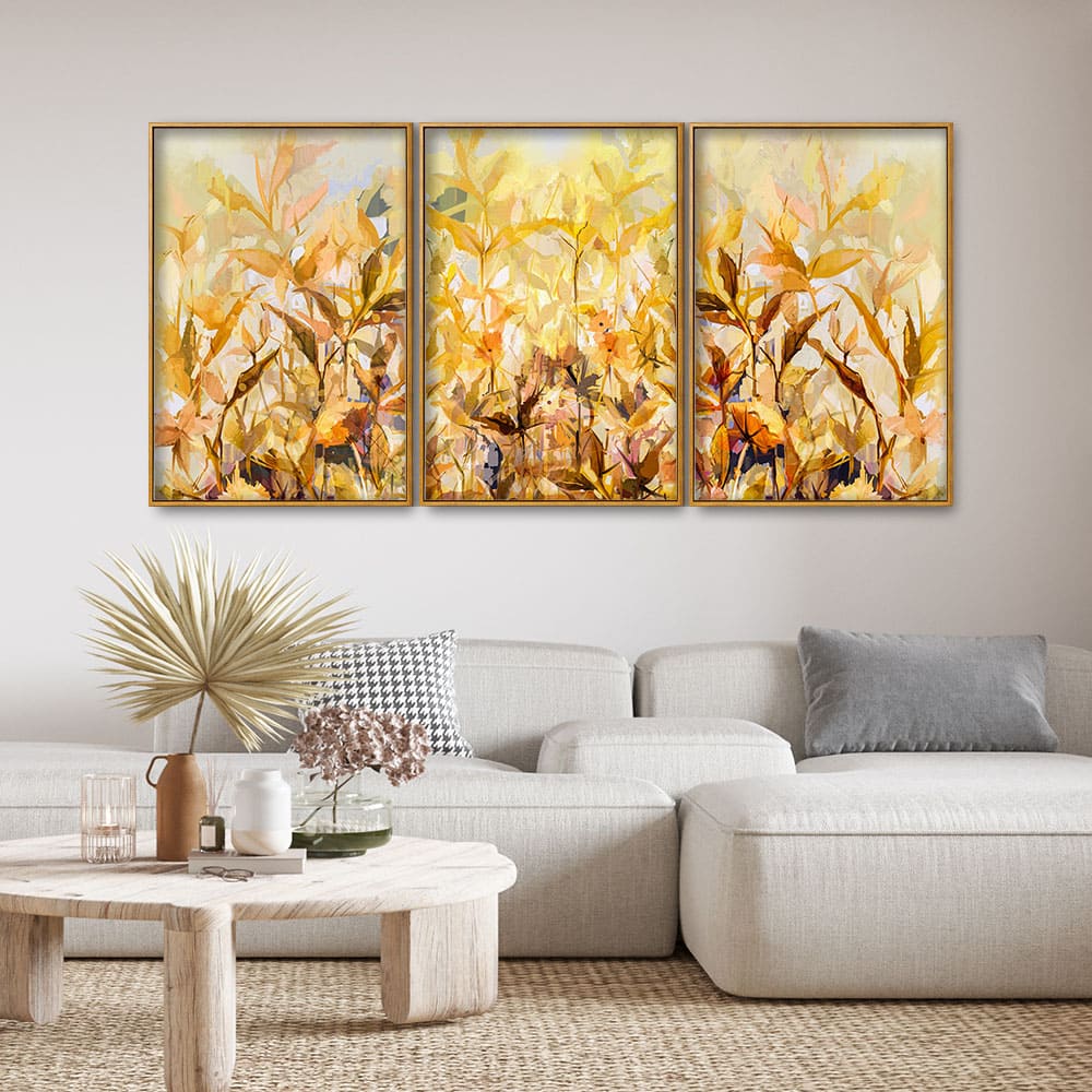 Beautiful Autumn Season with Yellow Leaves Floating Canvas Wall Painting Set of Three - Image 2