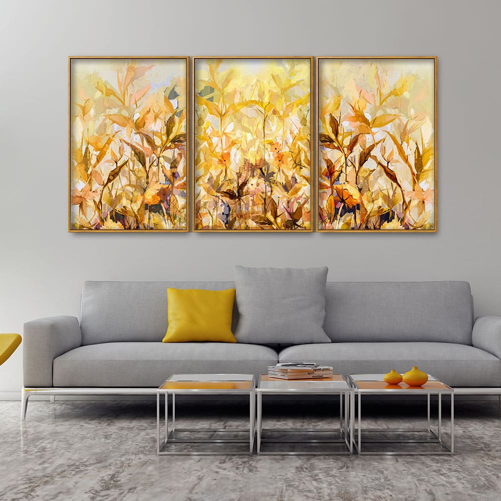 Beautiful Autumn Season with Yellow Leaves Floating Canvas Wall Painting Set of Three - Image 3