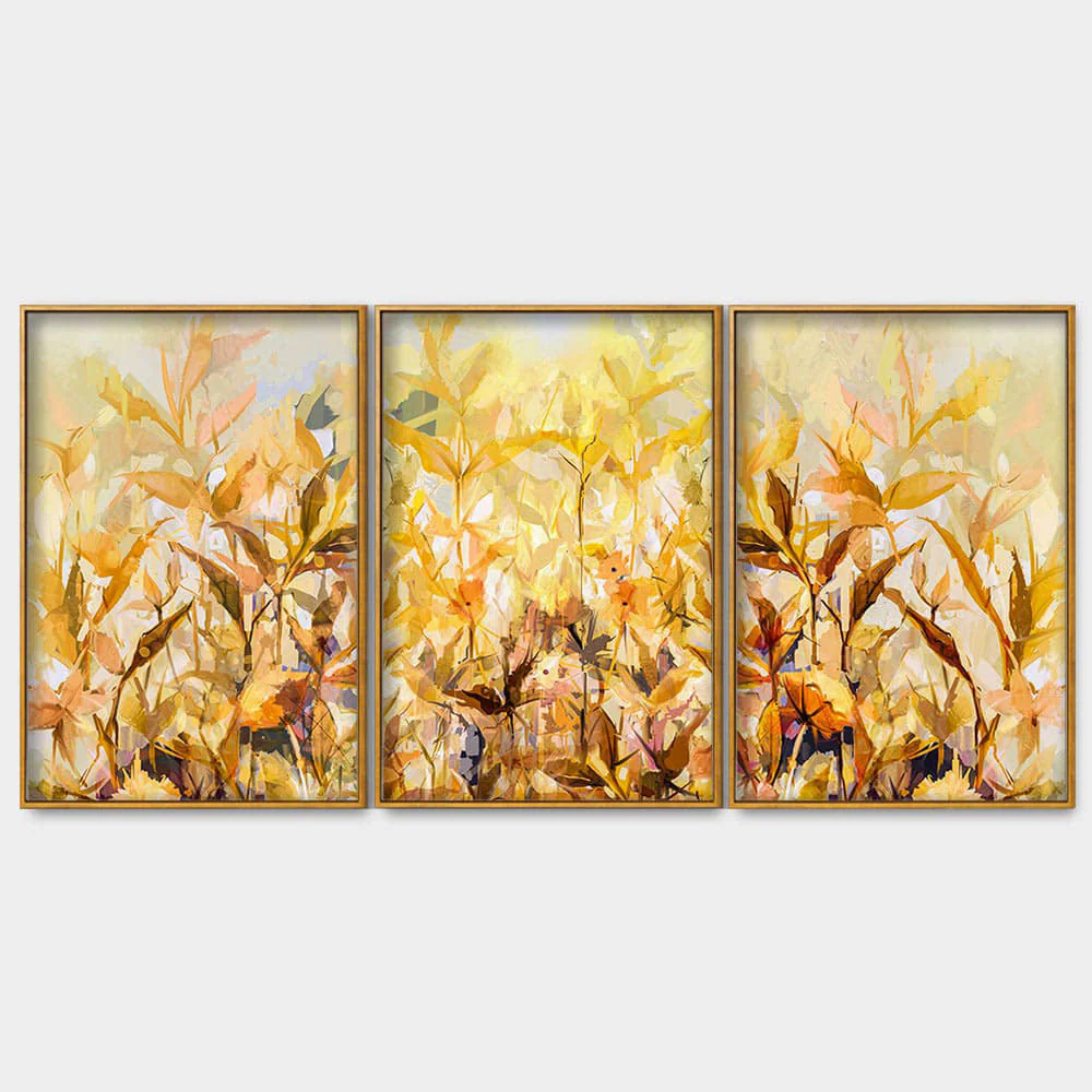 Beautiful Autumn Season with Yellow Leaves Floating Canvas Wall Painting Set of Three - Image 4