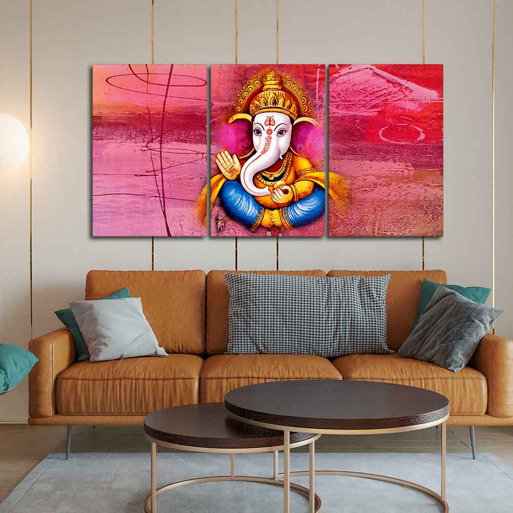 Beautiful Bal Ganesha 3 Pieces Canvas Wall Painting - Image 3