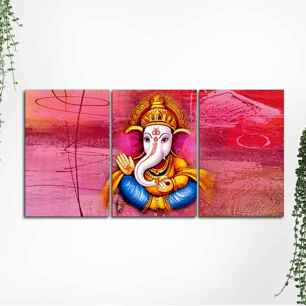Beautiful Bal Ganesha 3 Pieces Canvas Wall Painting - Image 5