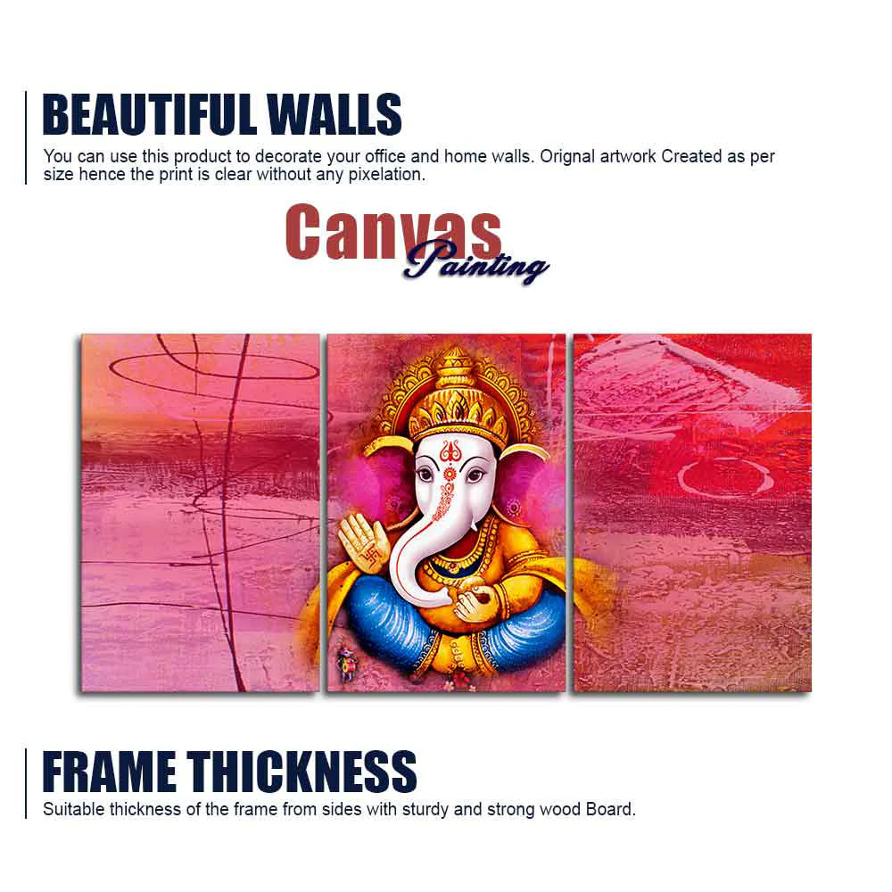 Beautiful Bal Ganesha 3 Pieces Canvas Wall Painting - Image 6