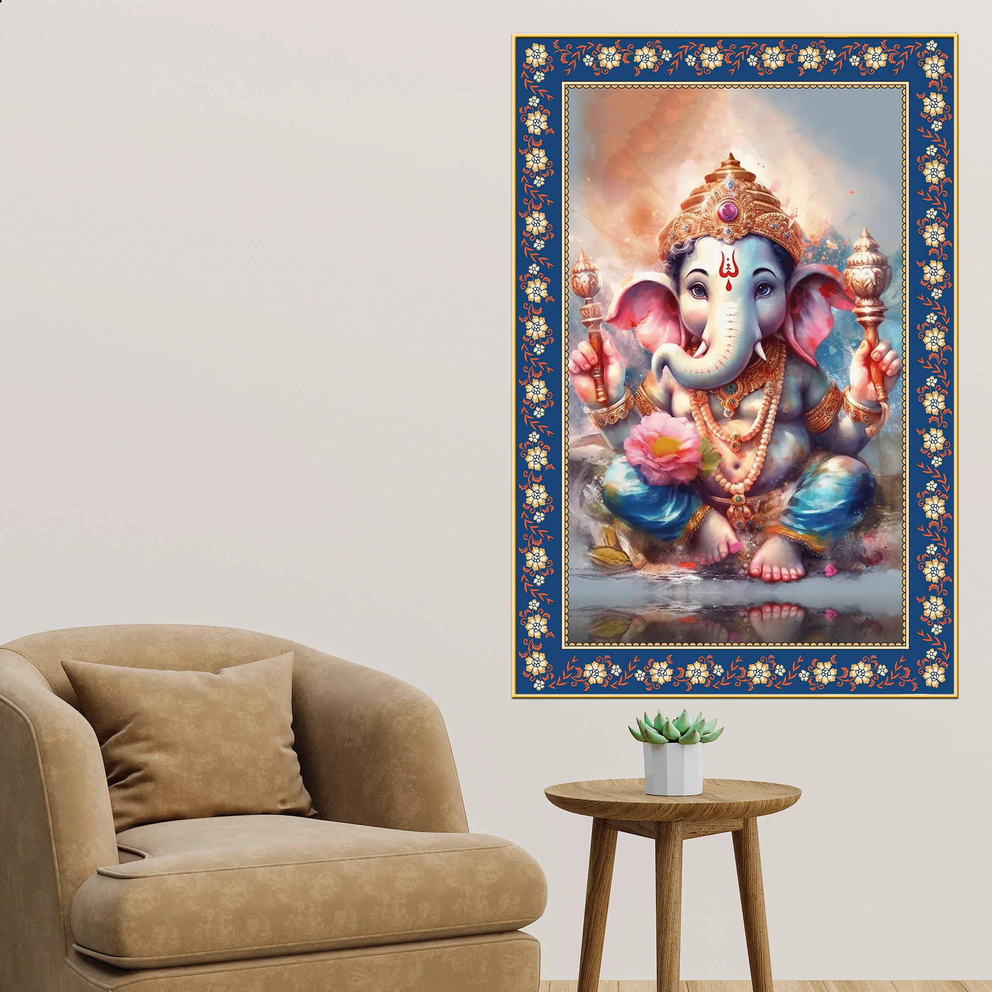 Beautiful Bal Ganesha Floral Border Vertical Wall Painting - Image 2