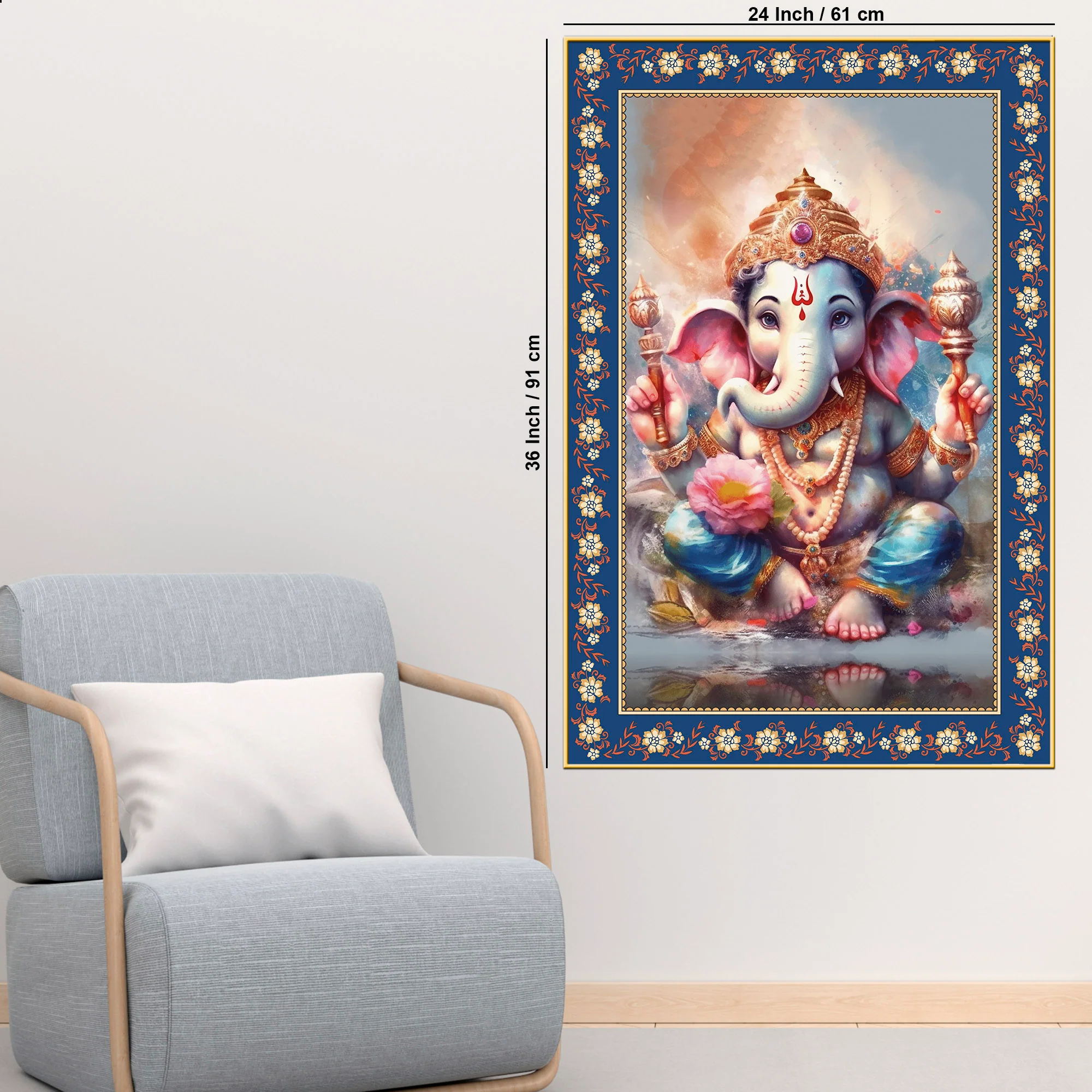 Beautiful Bal Ganesha Floral Border Vertical Wall Painting - Image 6