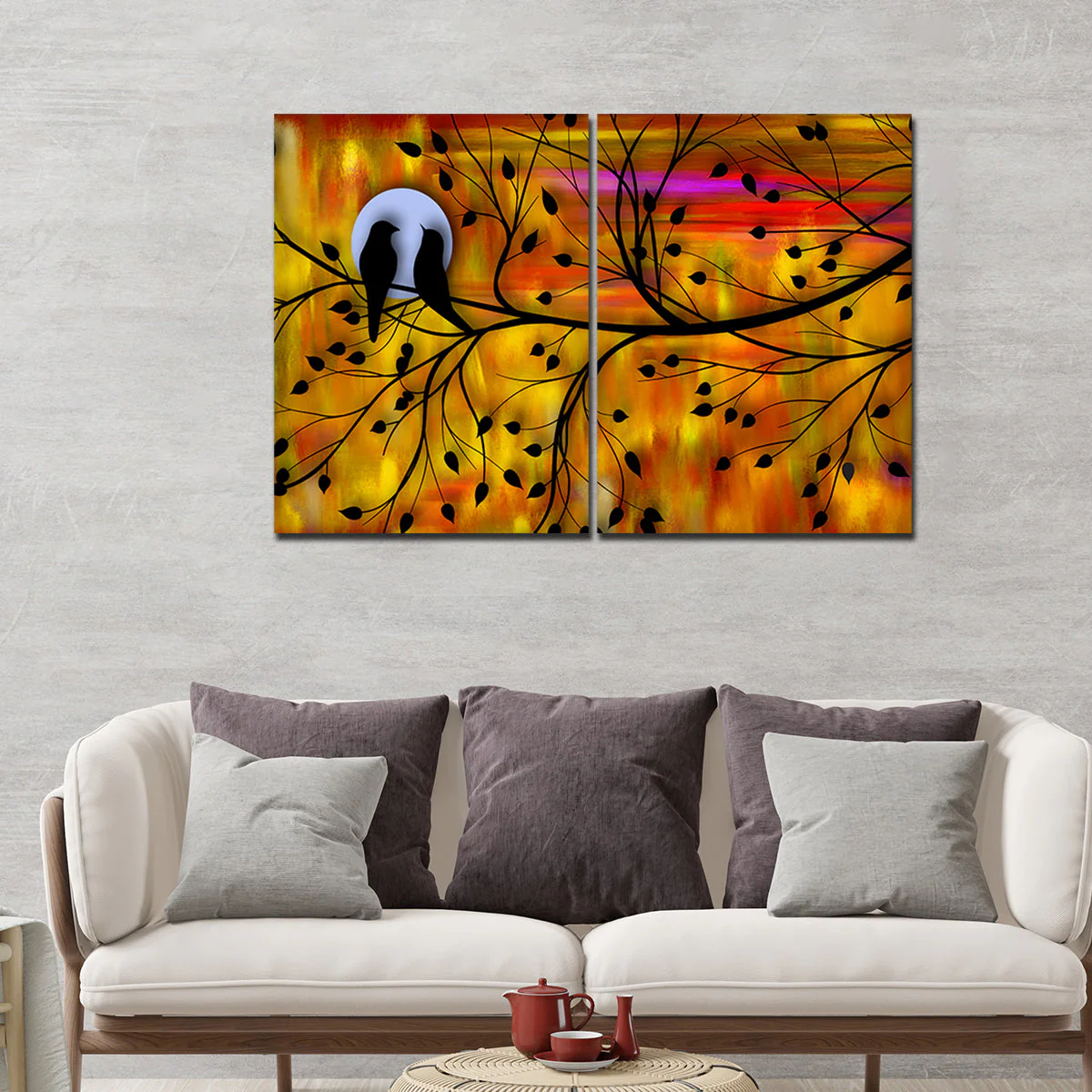 Beautiful Bird Couple on Tree Premium Bedroom Wall Painting - Image 3