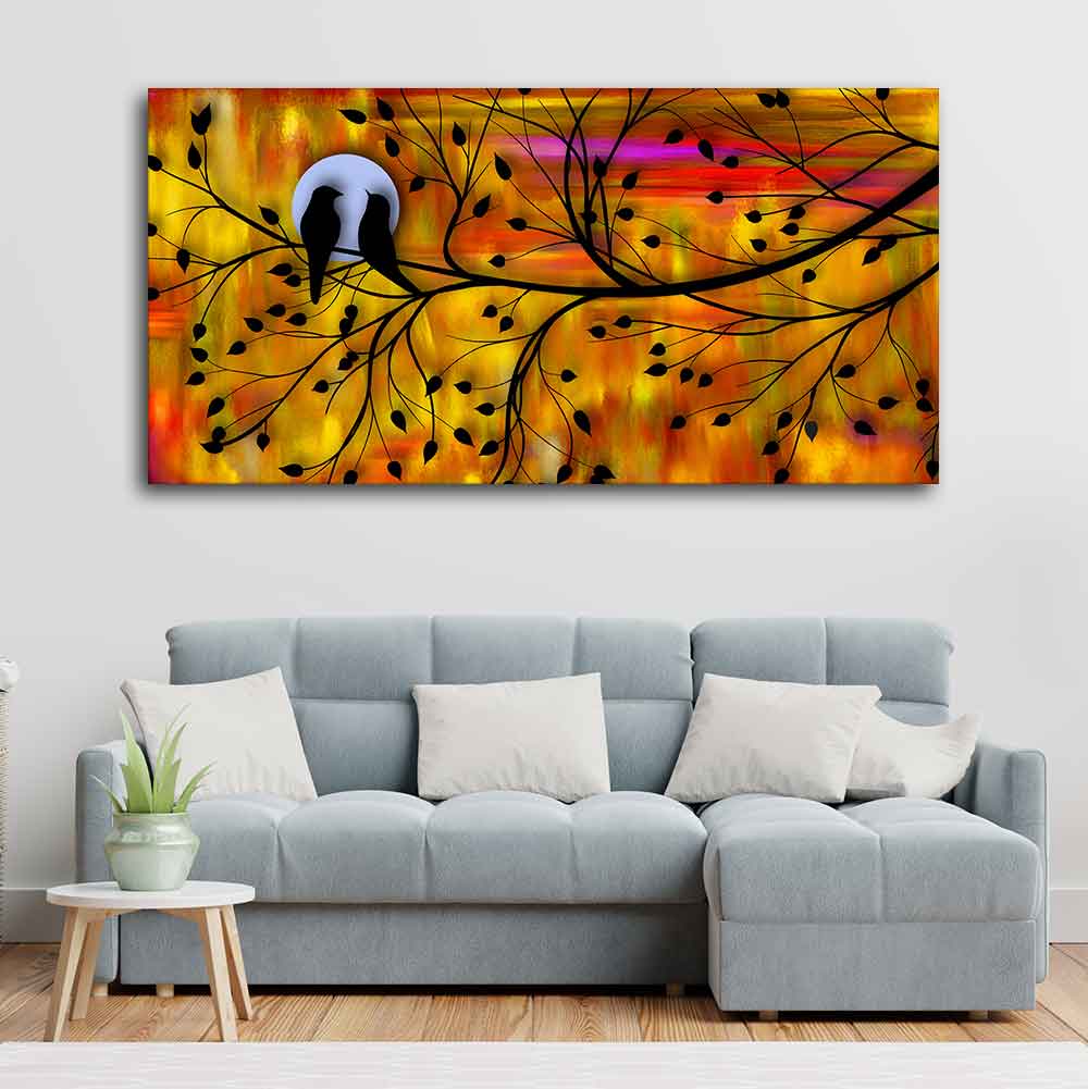 Beautiful Bird Couple on Tree Wall Painting - Image 3