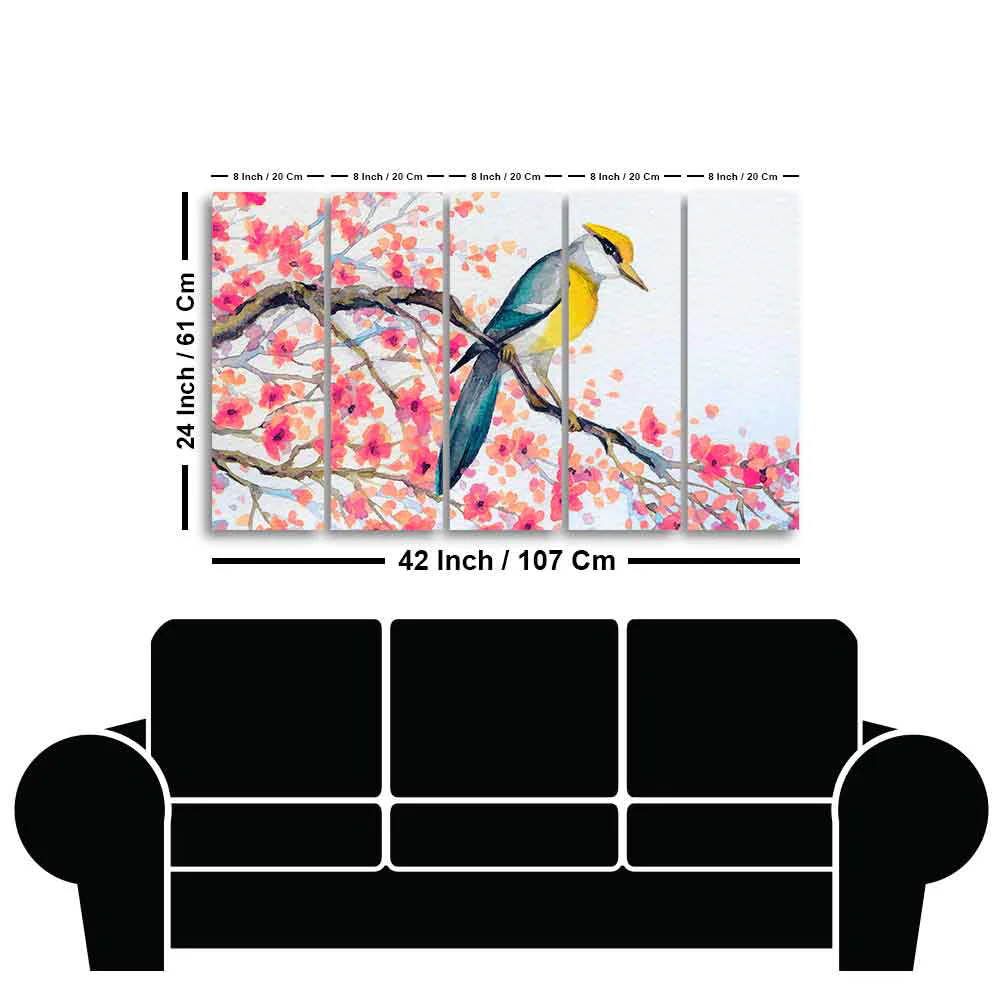 Beautiful Bird on Tree Branch Wall Painting of Five pieces - Image 6