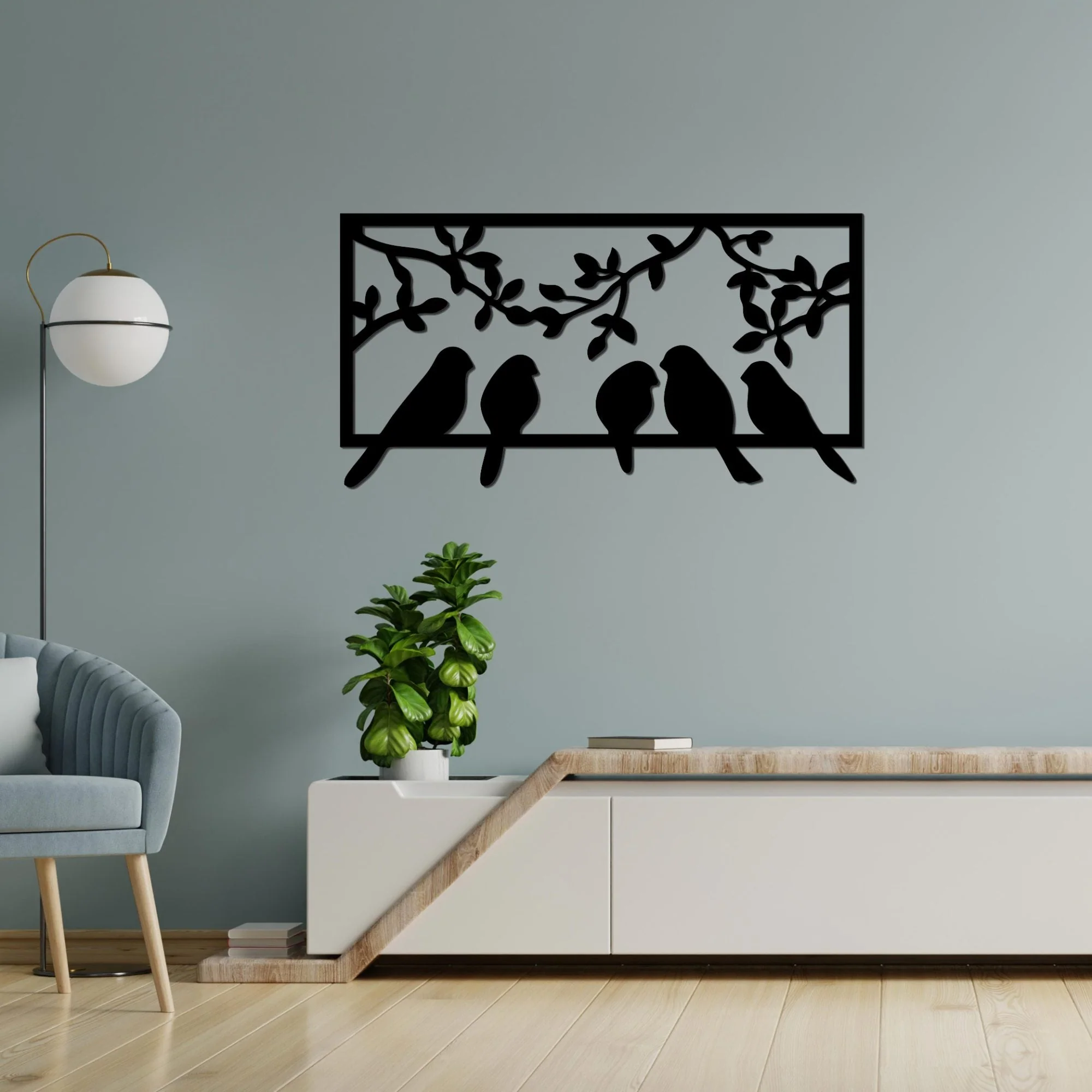 Beautiful Birds on Branch Black Color Design Wooden Wall Hanging - Image 2