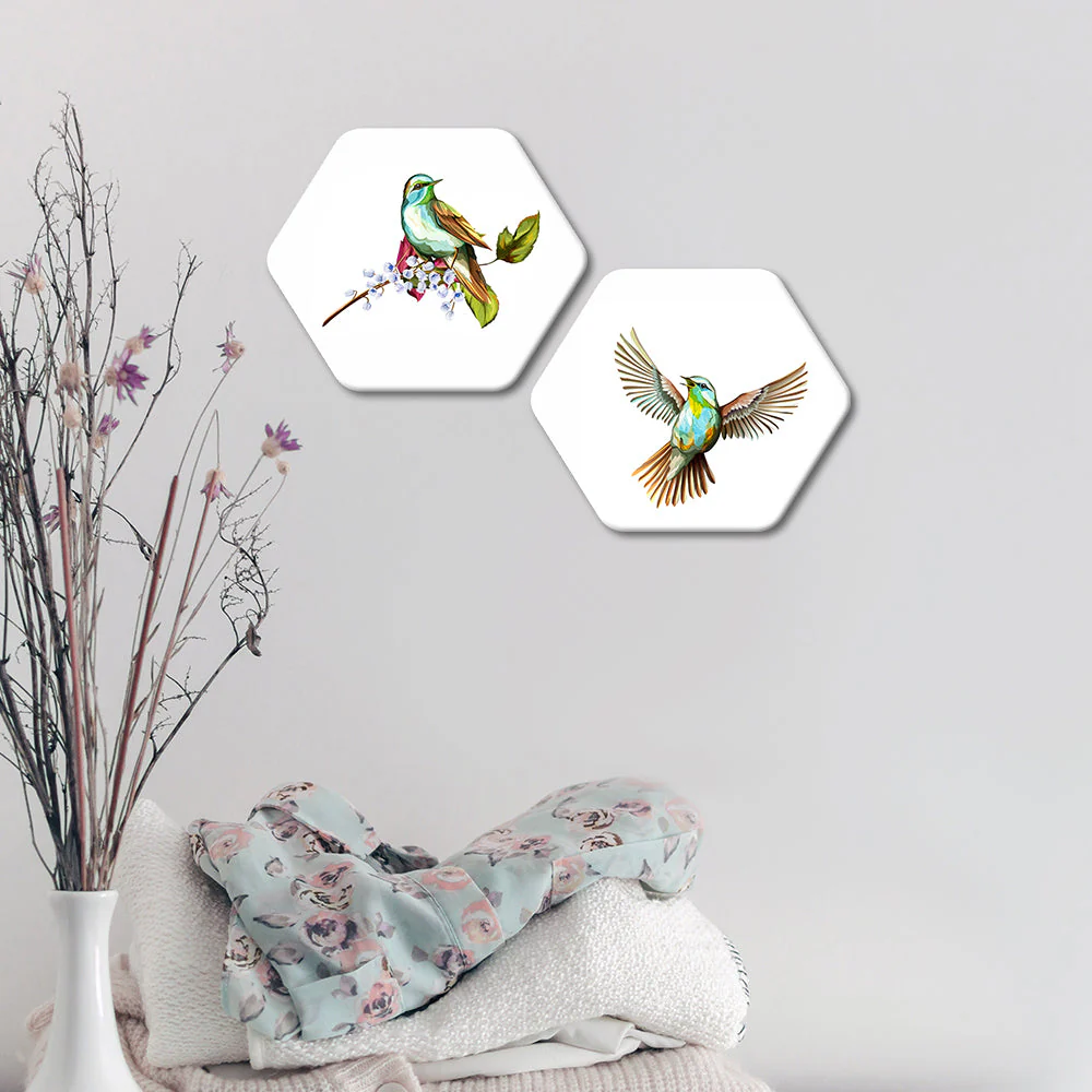 Beautiful Birds Premium Hexagon Wall Painting Set of 2 - Image 2
