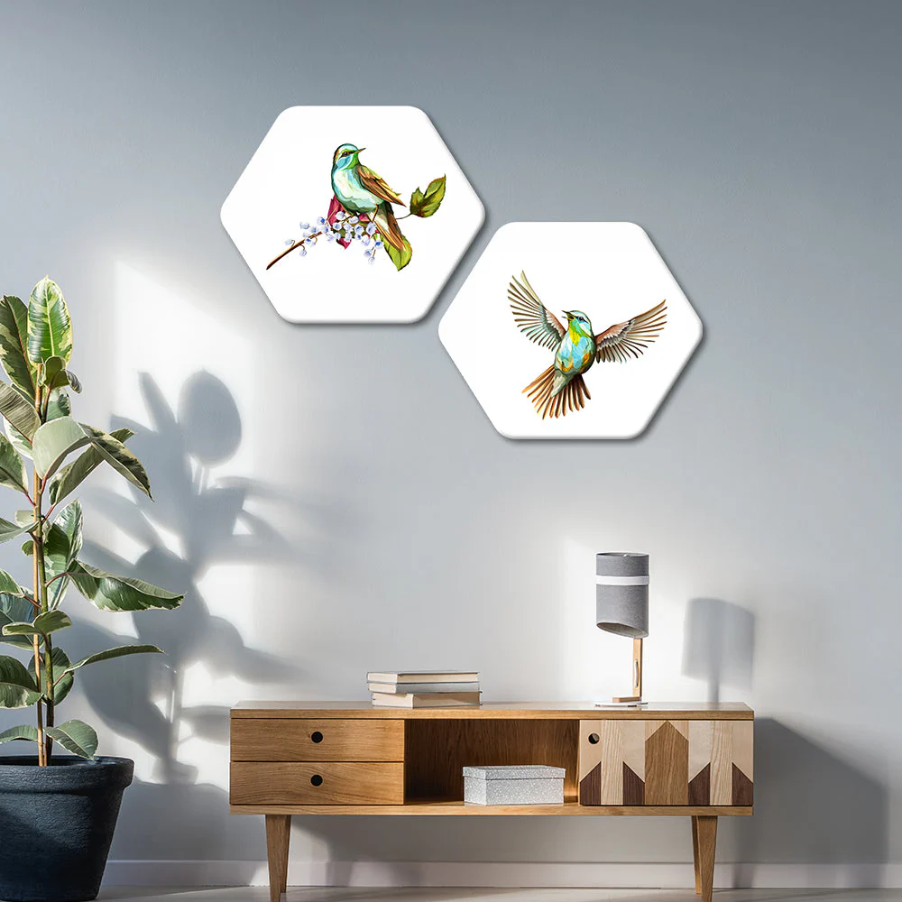 Beautiful Birds Premium Hexagon Wall Painting Set of 2 - Image 3
