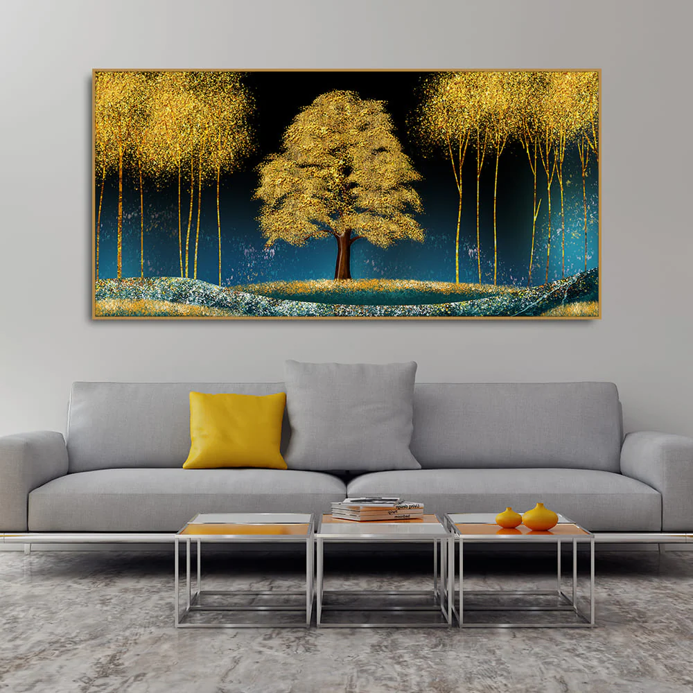 Beautiful Blue Sky and Golden Tree Canvas Wall Painting - Image 3