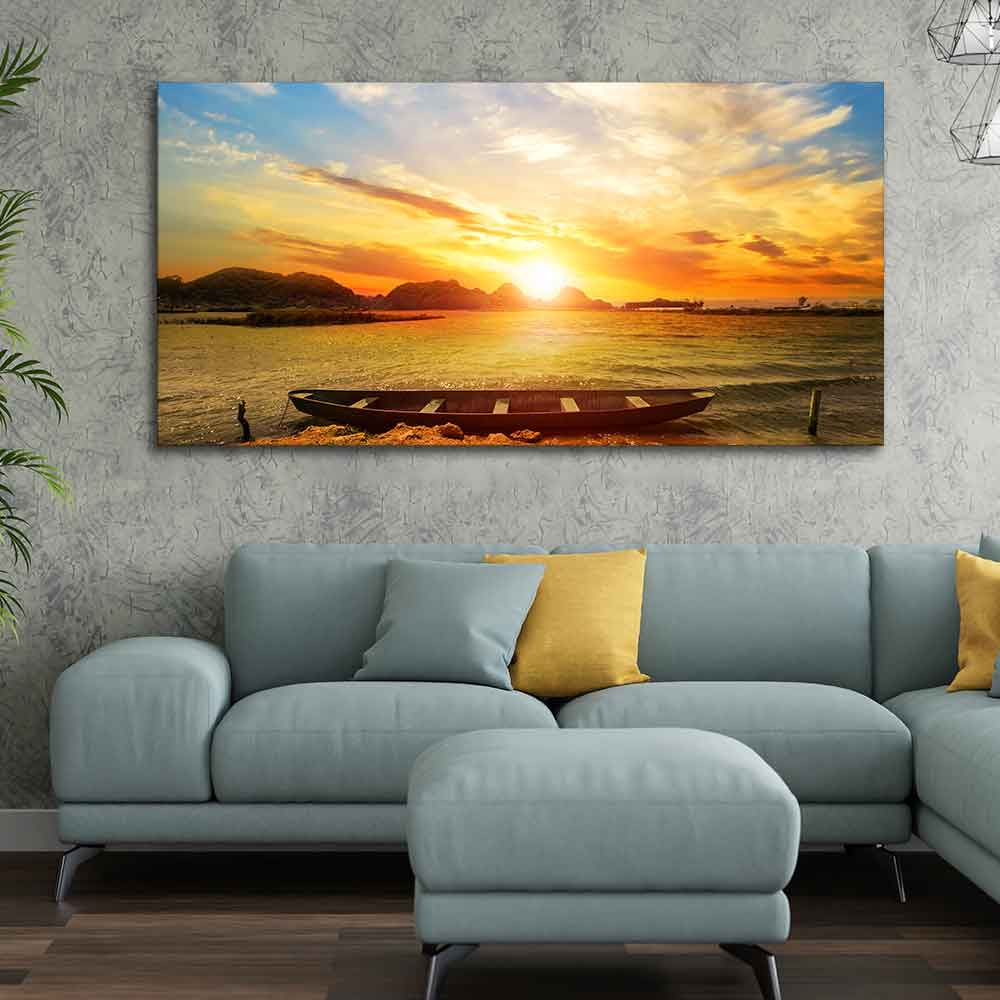 Beautiful Canvas Wall Painting of Boat on Beach & Sunset - Image 3