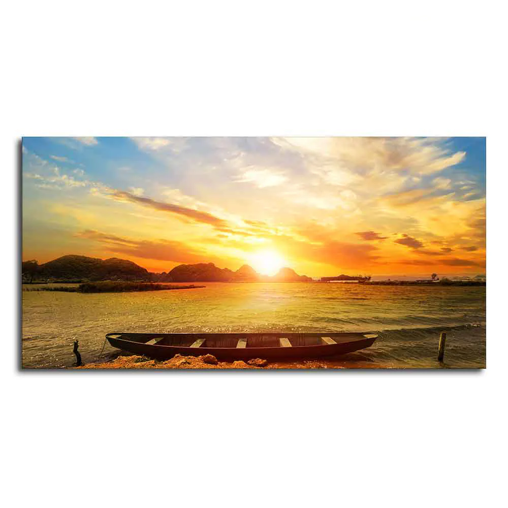 Beautiful Canvas Wall Painting of Boat on Beach & Sunset - Image 4