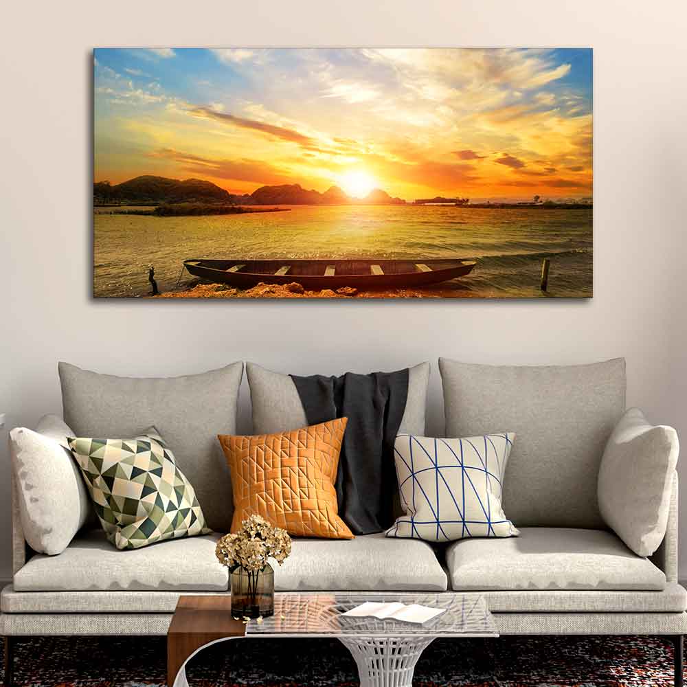 Beautiful Canvas Wall Painting of Boat on Beach & Sunset - Image 5